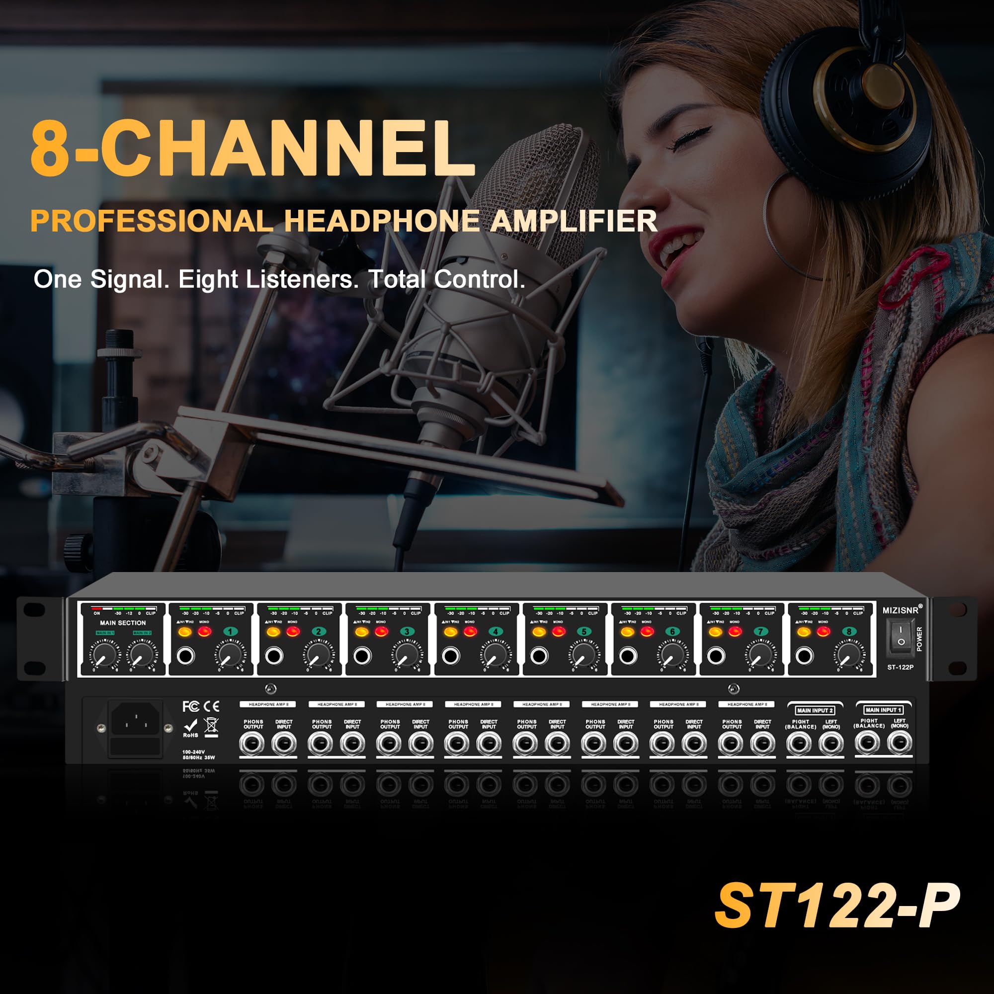 Amplificateur de casque 8 canaux pour casque avec modes stéréo/mono, 16 sorties casque, compteurs LED pour studio et surveillance du son en direct