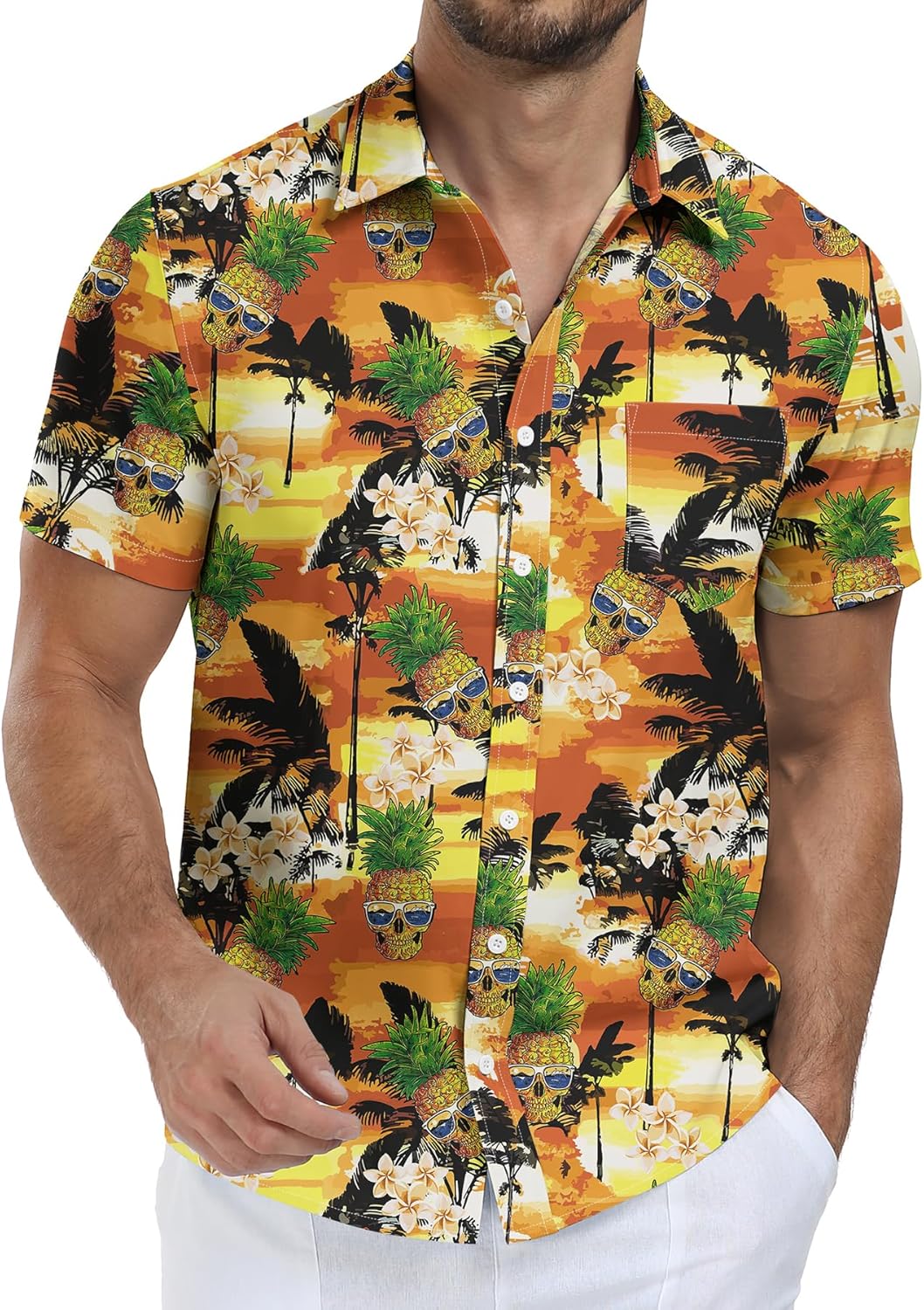 قمصان هاواي للرجال من NITAGUT، بأكمام قصيرة، وأزرار، وجيب، مناسبة للعطلات الاستوائية على الشاطئ - (اللون: أصفر أناناس، المقاس: كبير جدًا)