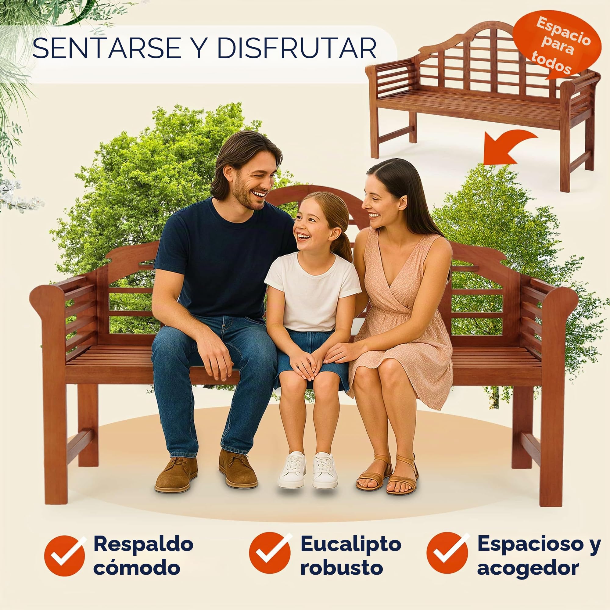 CASARIA® Banco de Jardín Madera Eucalipto con Reposabrazos Respaldo Certificación FSC® Capacidad Carga 320KG Mueble Exterior Terraza Balcón Resistente Intemperie Marrón
