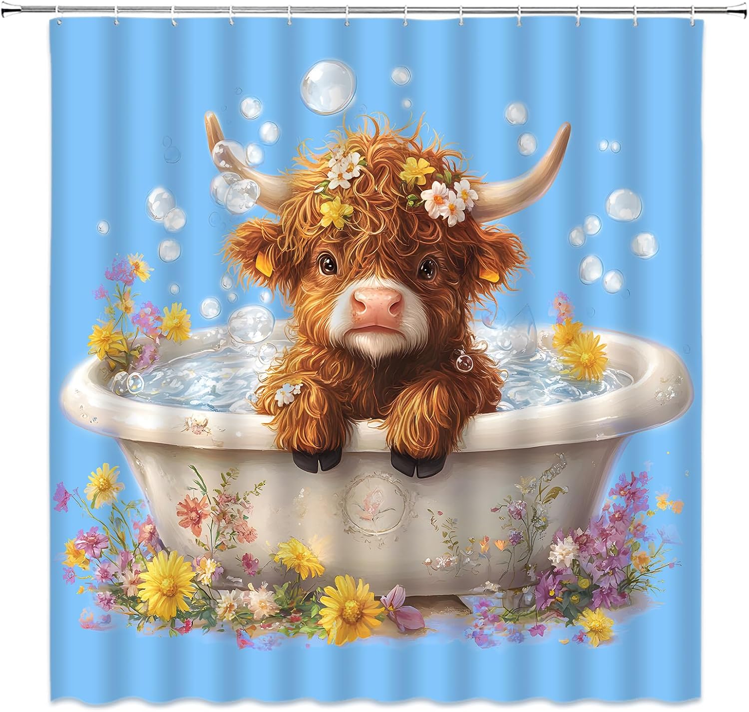 Funny Highland Cow Shower Curtain Cute Calf in Bathtub Western Cattle Bubble Rustic Animal Spring Floral Fabric Bathroom Decor Set with Hooks,(70" Wx84 H)