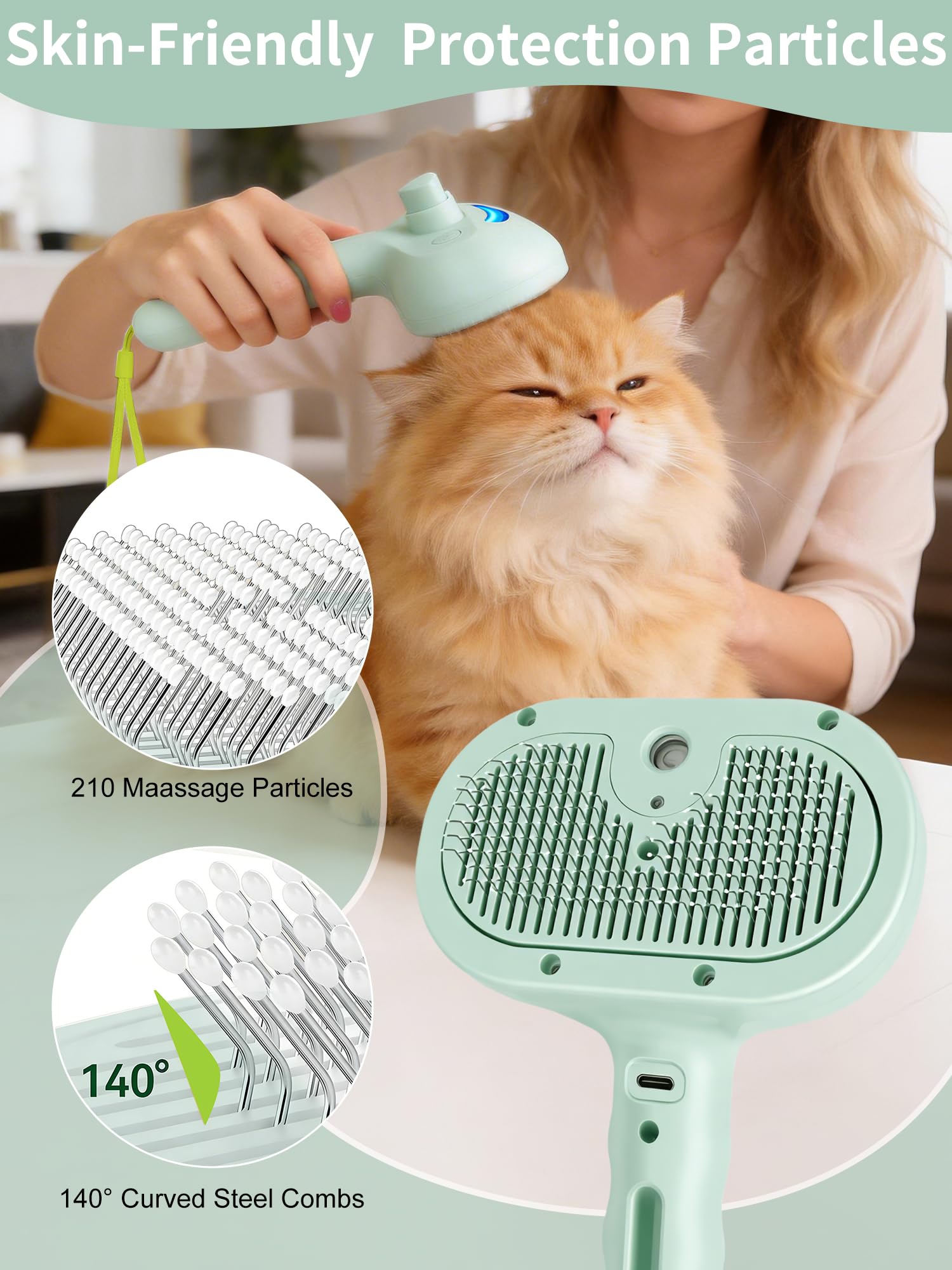 Cepillo de vapor 5 en 1 para perros y gatos con botón de vapor y liberación, herramienta de aseo para mascotas de interior, eliminación de pelo de gato, agua para animales pequeños, pelo largo y corto