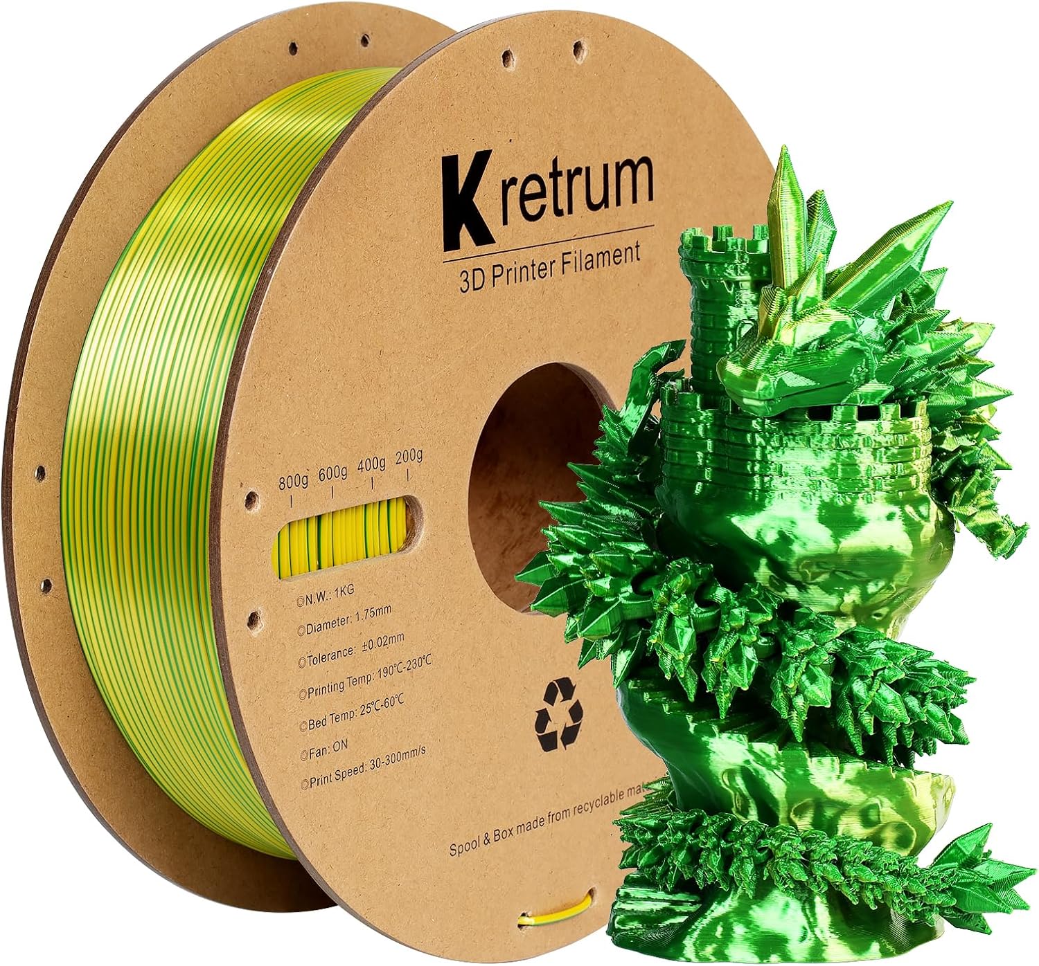 Silk Dual Color PLA 1.75mm 3D Printer Filament 1 kg PLA Color Change 3D Printing Filament Fits Bambu Creality FlashForge Anycubic ELEGOO etc. Most FDM 3D Printers Green & Yellow