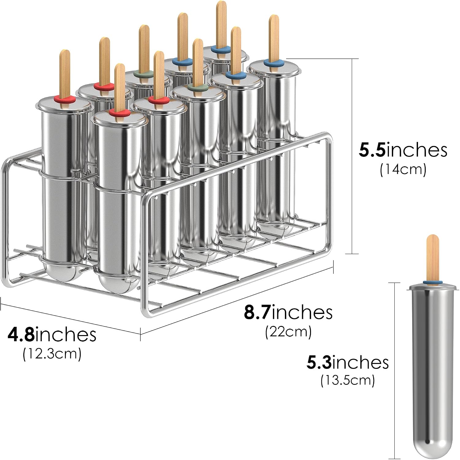 10 Pack Stainless Steel Popsicle Molds, Homemade Round Ice Lolly Molds with Holder, Reusable Fast Freezing Ice Treat Maker with Wooden Sticks and Bags