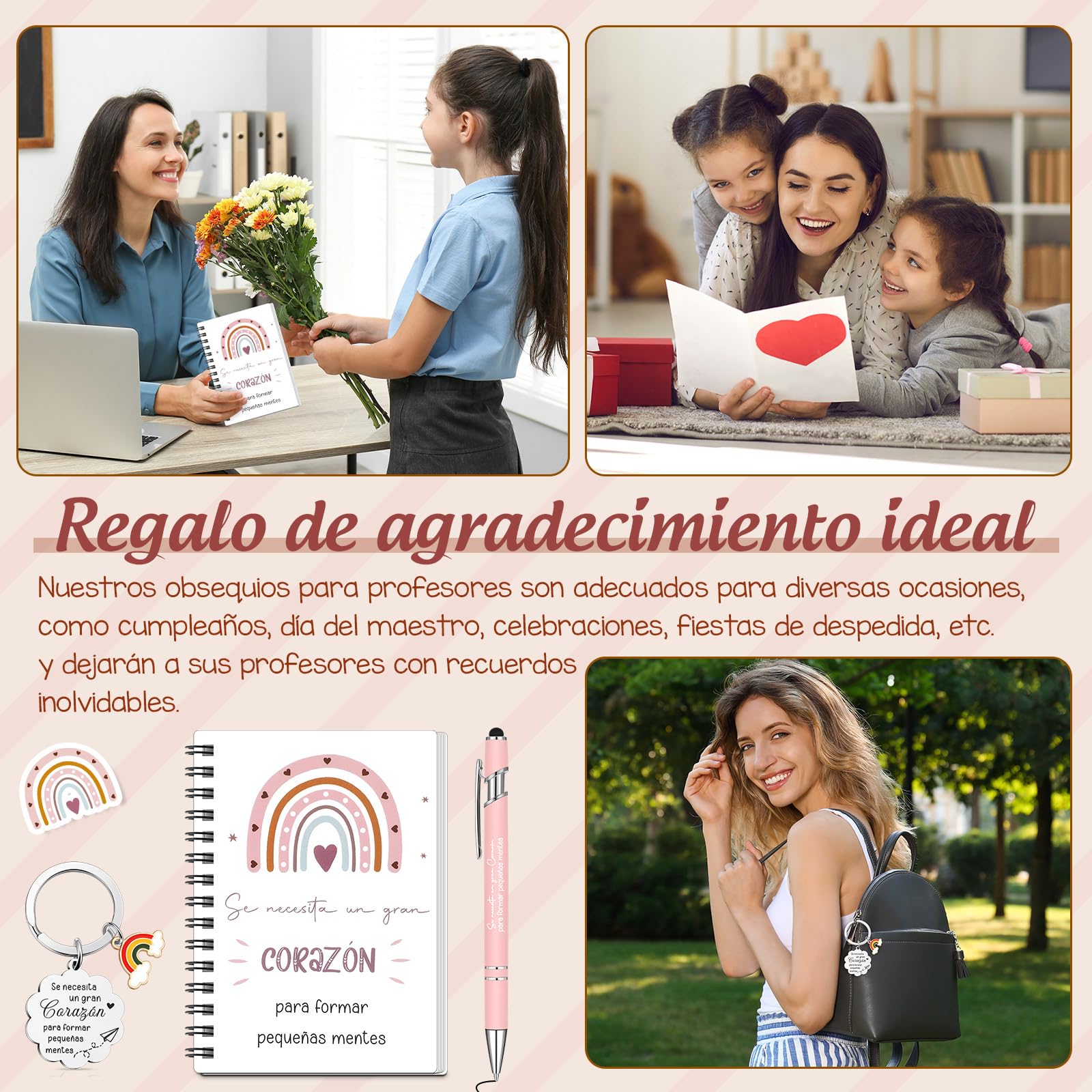 Sinmoe 3 Regalos de Agradecimiento para Maestra Profesora Cuaderno en Espiral Bolígrafo Retráctil y Llavero para Fin de Curso Despedida Cumpleaños Graduación Jubilación(Arcoíris,Blanco)