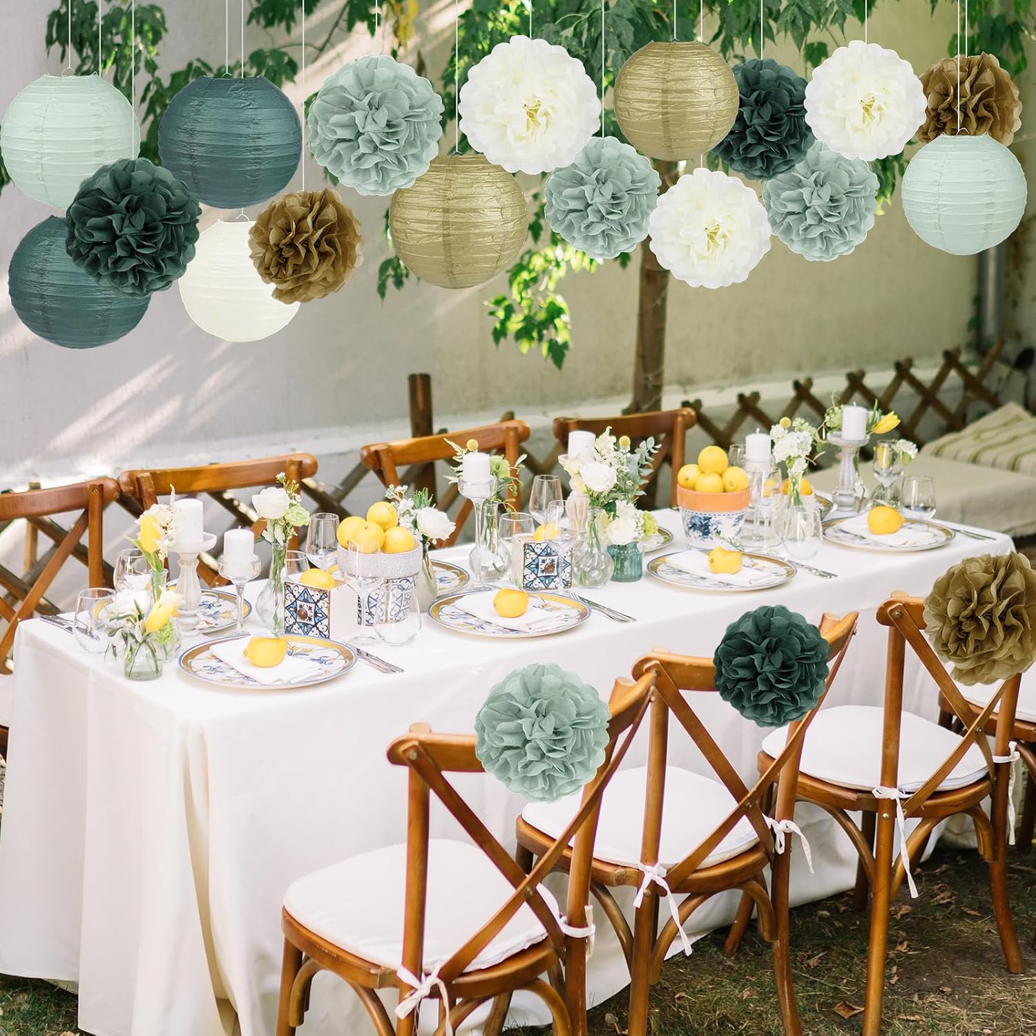 20 Pcs Sage Green Party Decorations Hanging Paper Lanterns and Paper Pom Poms Flowers for Baby Shower Wedding Birthday Party Supplies(Gold/Ivory/Sage Green) - Image 8