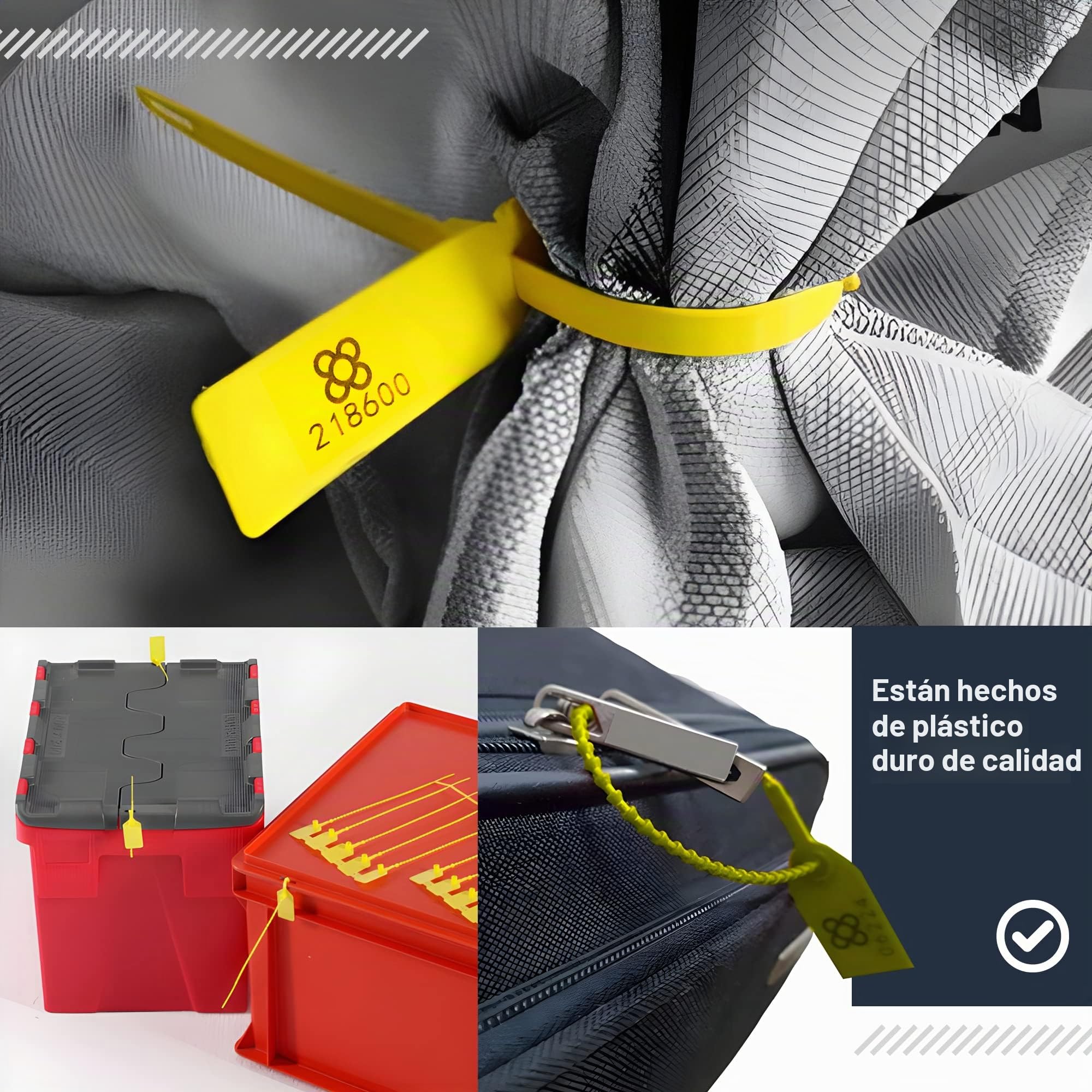 DOJA BARCELONA | Precintos de Seguridad de Plastico Amarillos | 100 unidades | 36cm de Largo | Bridas numeradas para maleta, cajas, contenedores, puertas, bolsas, camion, logistica entre otros usos.