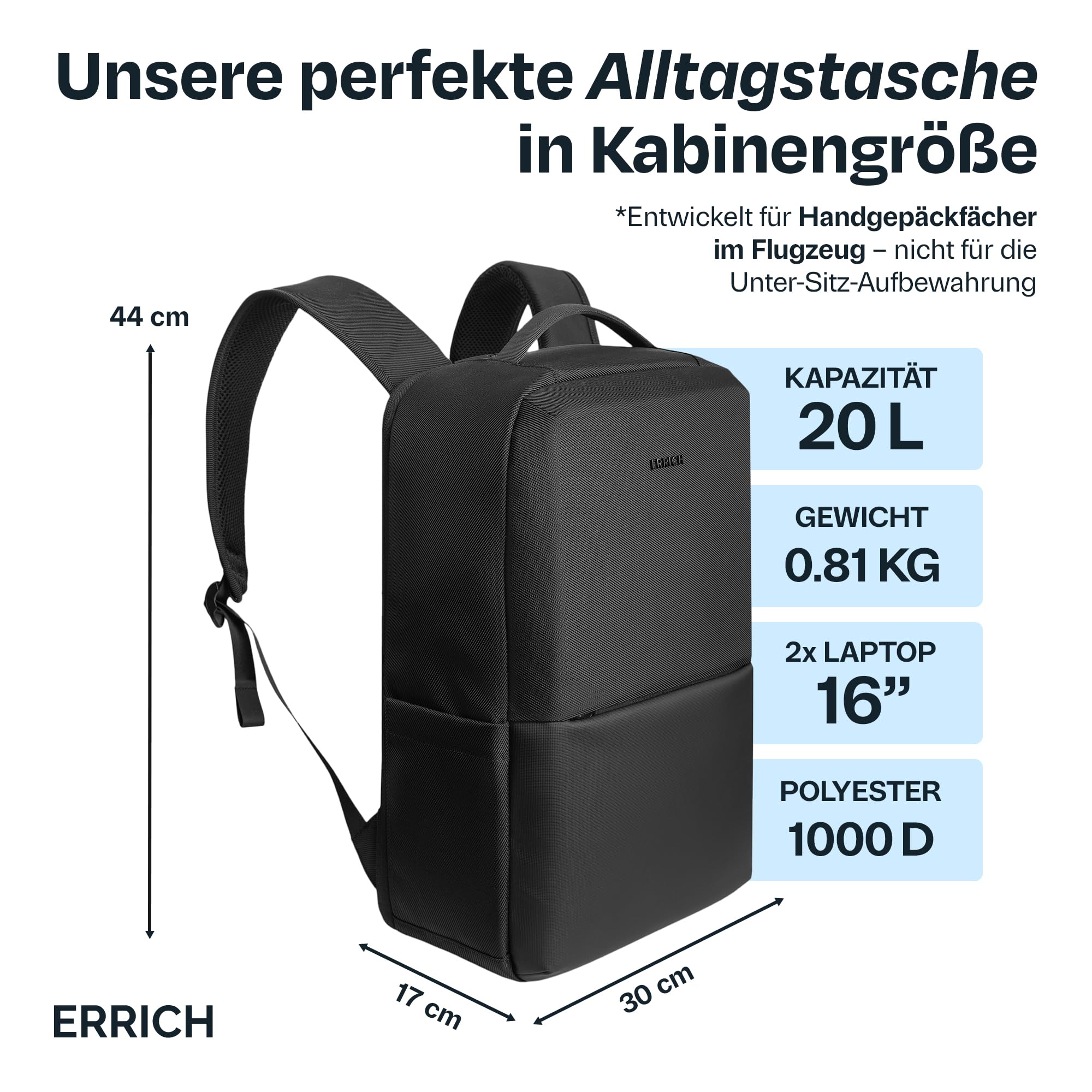 Laptop City Rucksack 16" - Wasserfester Business-Rucksack für Arbeit, Reisen und Alltag, Uni, Schwarz, 20 Liter, Für Männer und Frauen