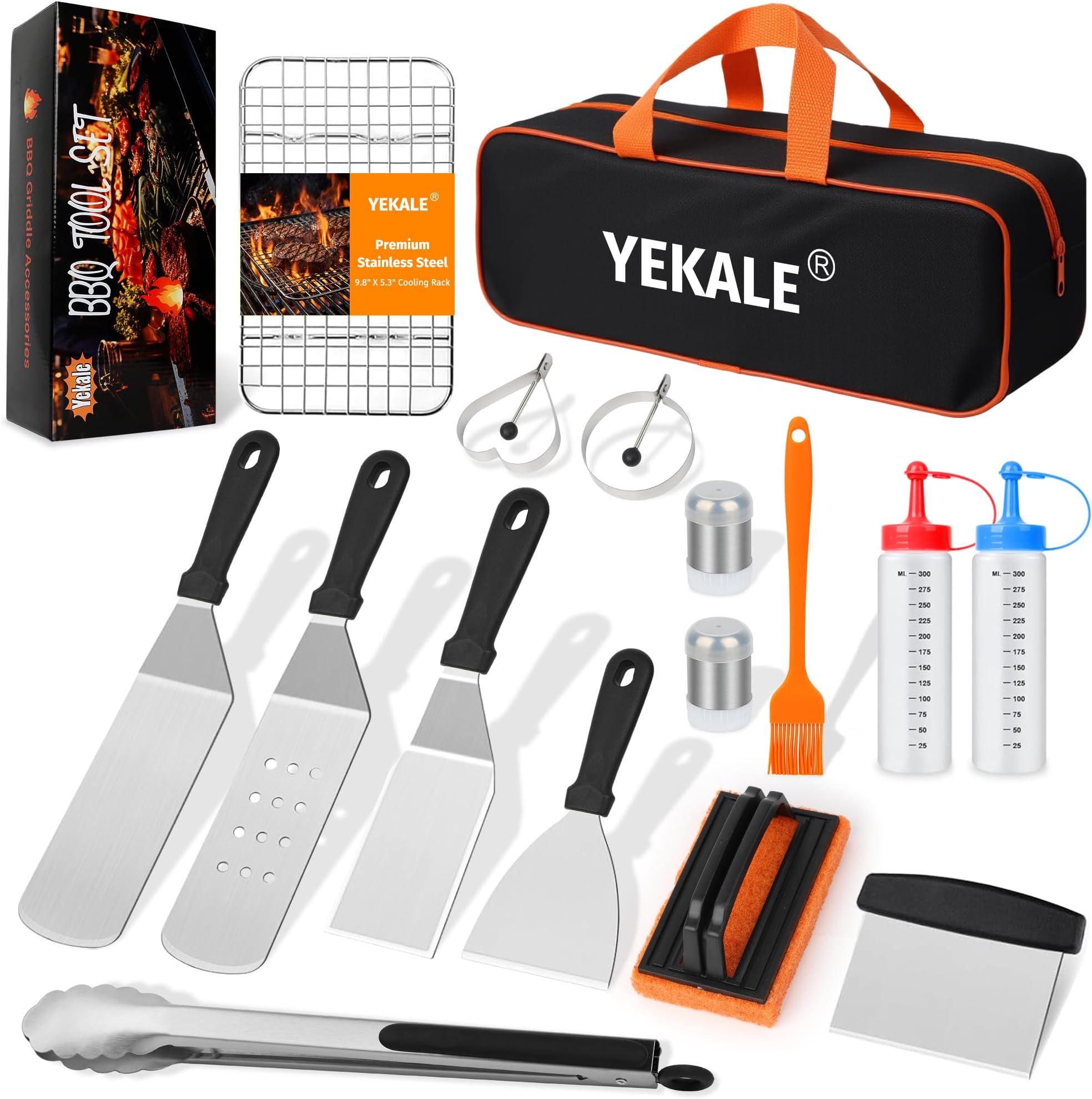 17 PCS Griddle Accessories Kit, Flat Top Grill Accessories Set for Blackstone and Camp Chef, Grill Spatula Set with Enlarged Spatulas, Scraper - Outdoor Barbecue Tools Gifts for Men Dad Him