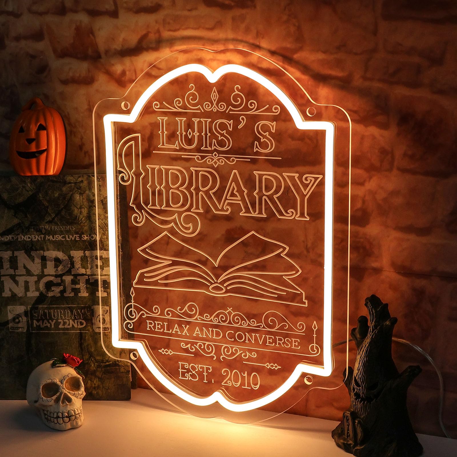 Custom Gothic Library Neon Sign, Personalized Name LED Neon Light