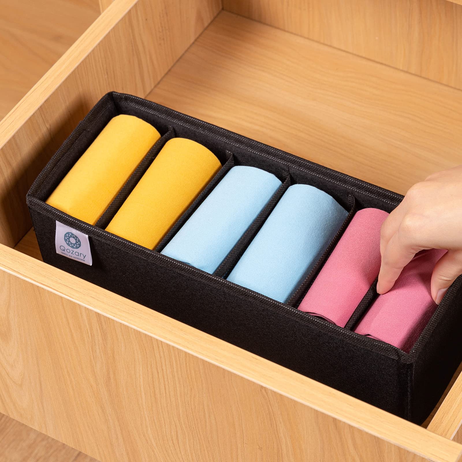 Qozary Lot de 3 séparateurs de tiroir pour chaussettes, sous-vêtements, cravate, ceinture, chambre à coucher (noir, 6 compartiments)