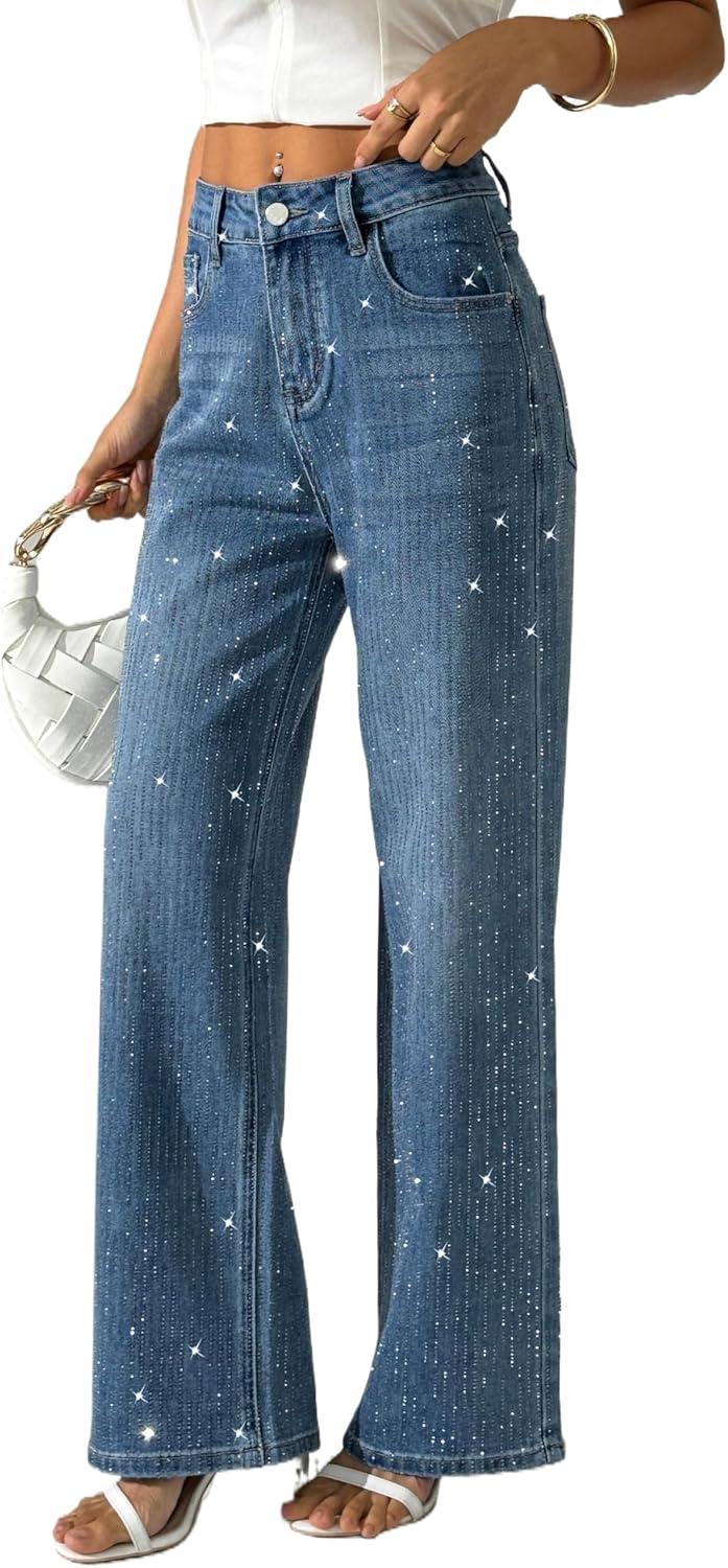 heipeiwa Women's Rhinestone Jeans Wide Leg Denim Pants High Waist Sparkle Shiny Glitter Sequin Trouser Outfit
