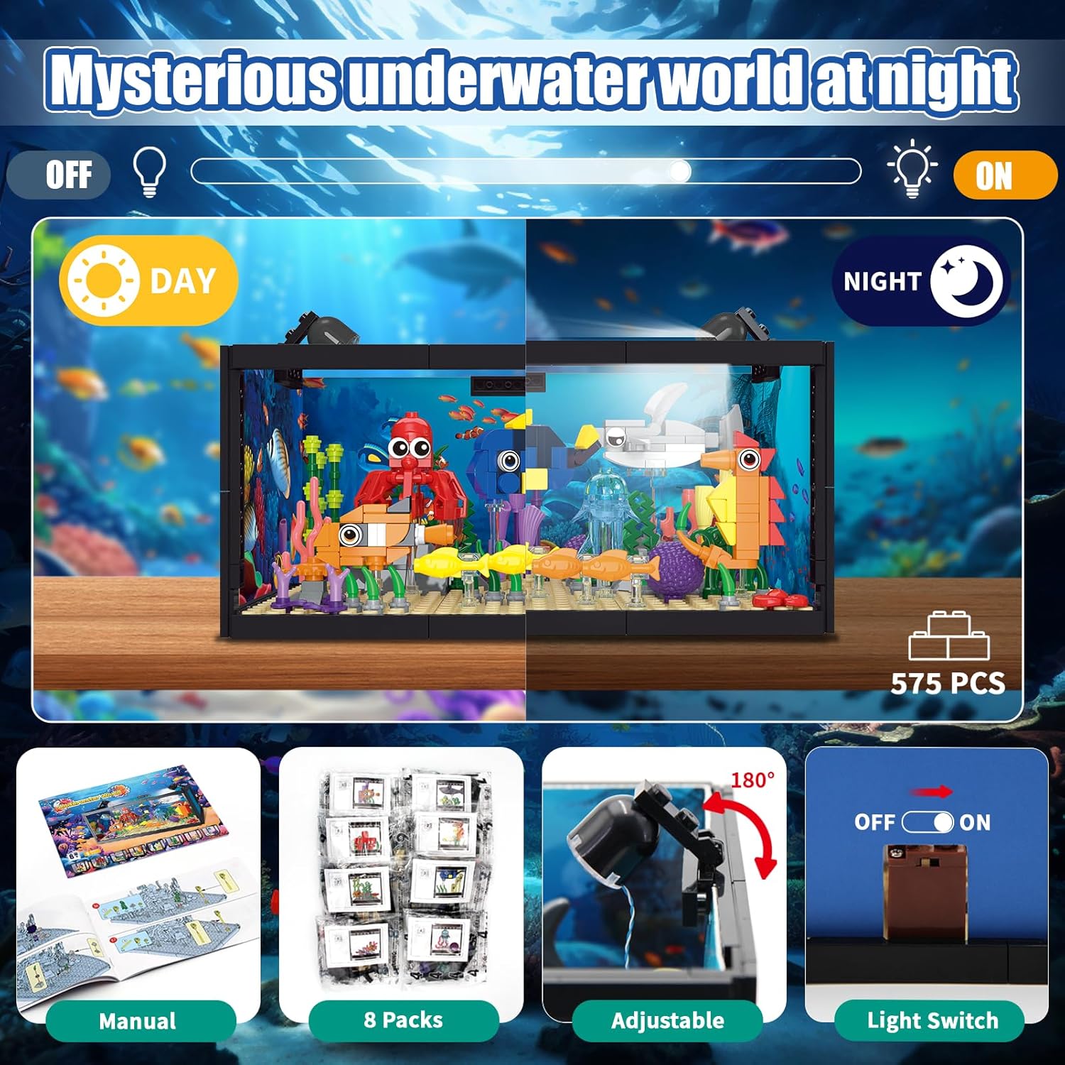 8 in 1 Fish Tank Building Sets, Marine Aquarium Building Toy with LED Light Animal Miniature Landscape Including Octopus Crab, Christmas Birthday Gifts for Adults Boys Girls Kids Ages 6 8 10 12+