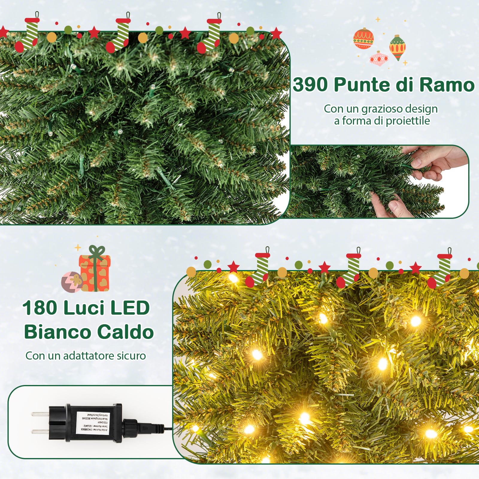 COSTWAY Albero di Natale Slim da 150/180/210 CM, Albero di Natale Artificiale con 150/180/200 Luci LED Bianche Calde, 296/390/499 Punte di Ramo e Supporto Pieghevole in Metallo (180 cm)