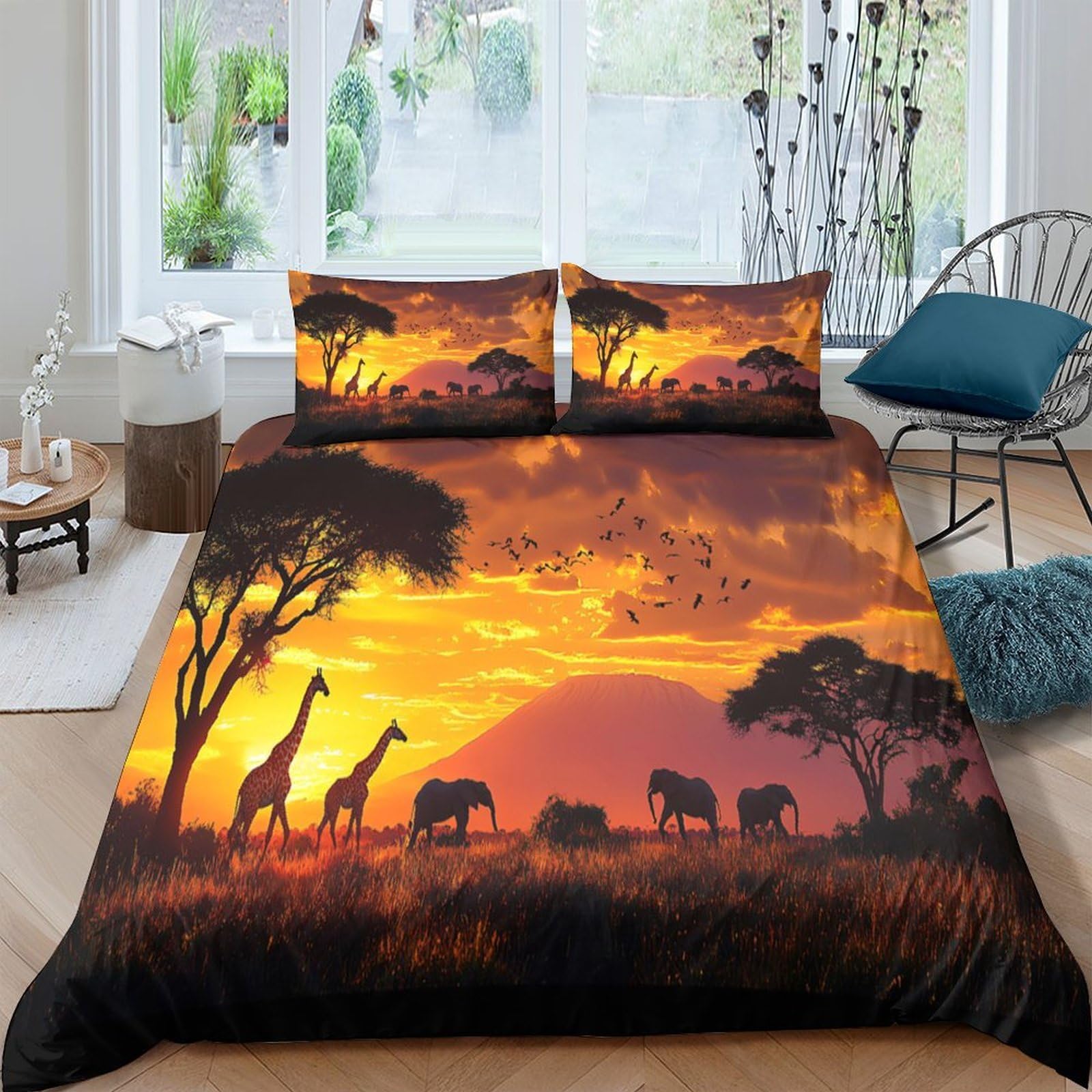 Ctjqhvkz Style-5 3D Printed African Savannah Sunset Fitted Sheet Microfiber Soft Giraffe Elephant Mattress Cover Bedroom Decor Single（135X200cm）