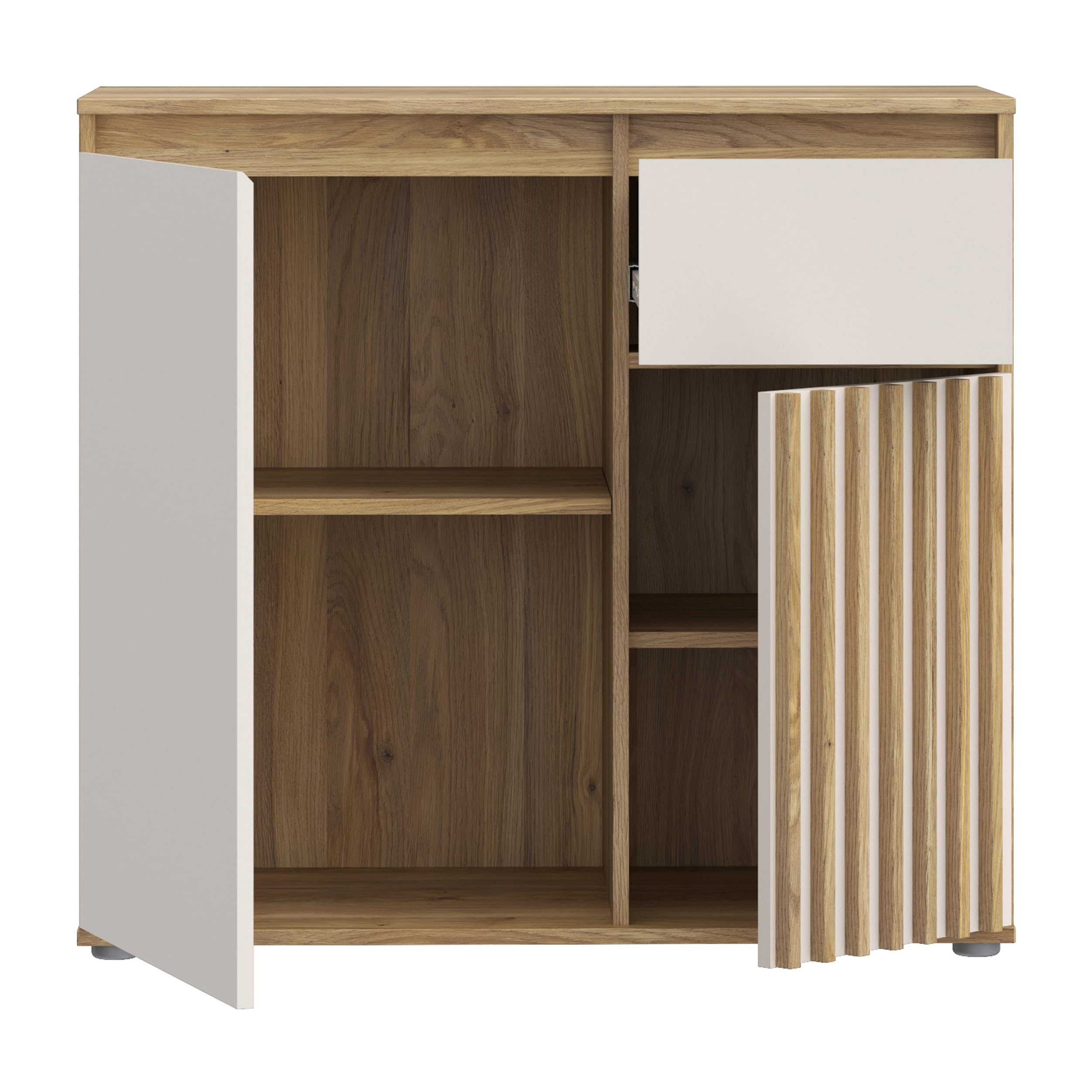 Forte ELISTON Kommode 90, Moderne Kommode mit Lamellendesign, 2-türig, 1 Schublade, Wohn-/Schlafzimmer, Mauvella Eiche Holzdekor|Kashmir Beige, 89 cm breit x 81,7 cm hoch x 41,5 cm tief
