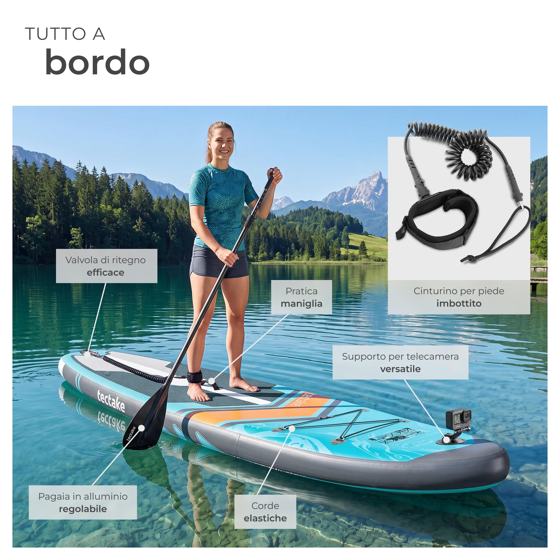 tectake® Tavola Sup Gonfiabile, Supporto Fotocamera, Sedile Kayak, 200 kg