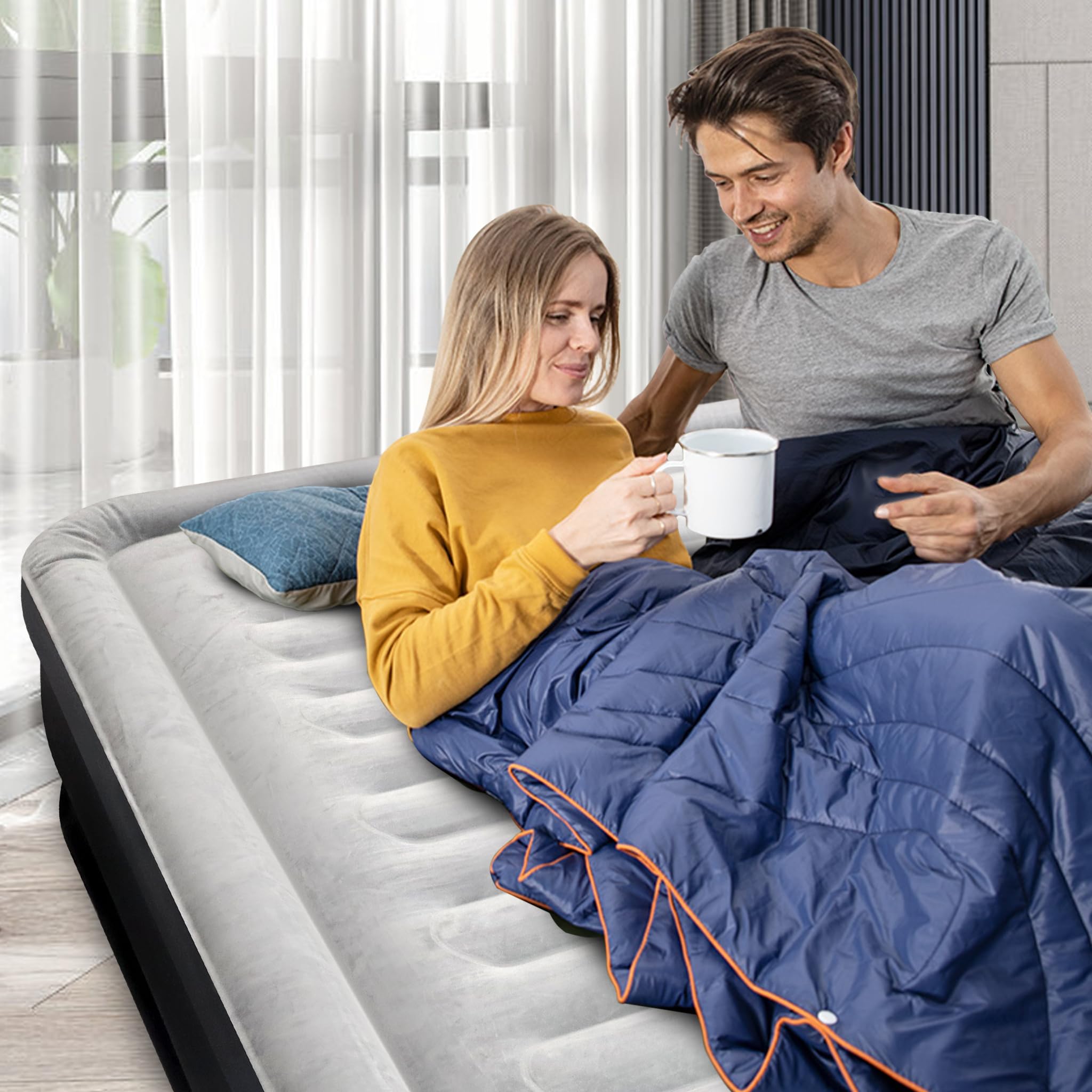HENGMEI Materasso ad aria da campeggio, autogonfiabile, materasso gonfiabile con pompa elettrica incorporata, con bagaglio a mano (letto ad aria per 2 persone, 203 x 152 x 46 cm)