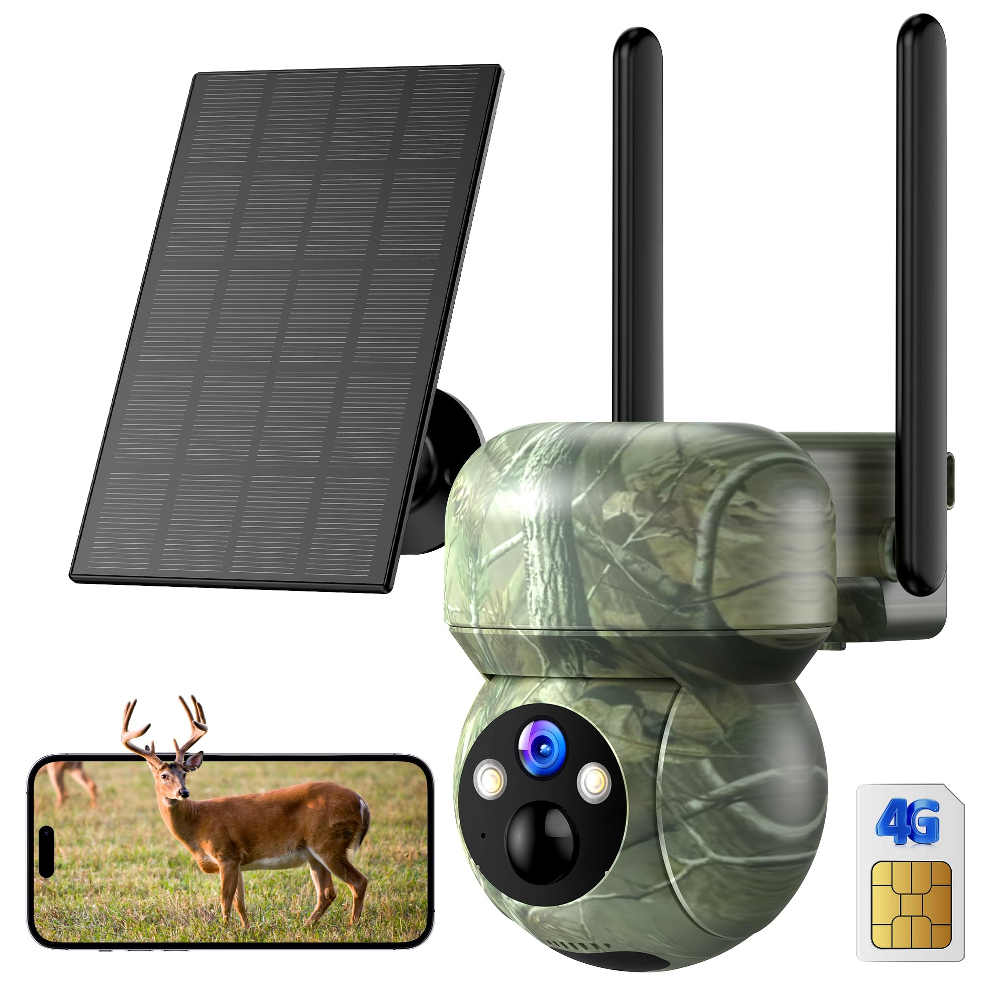 4G LTE Camara Vigilancia Exterior Solar: 2K Camaras de Vigilancia sin Cables con SIM - 360° PTZ ideovigilancia sin Internet - Visión Nocturna Color Movimiento Detección IP66