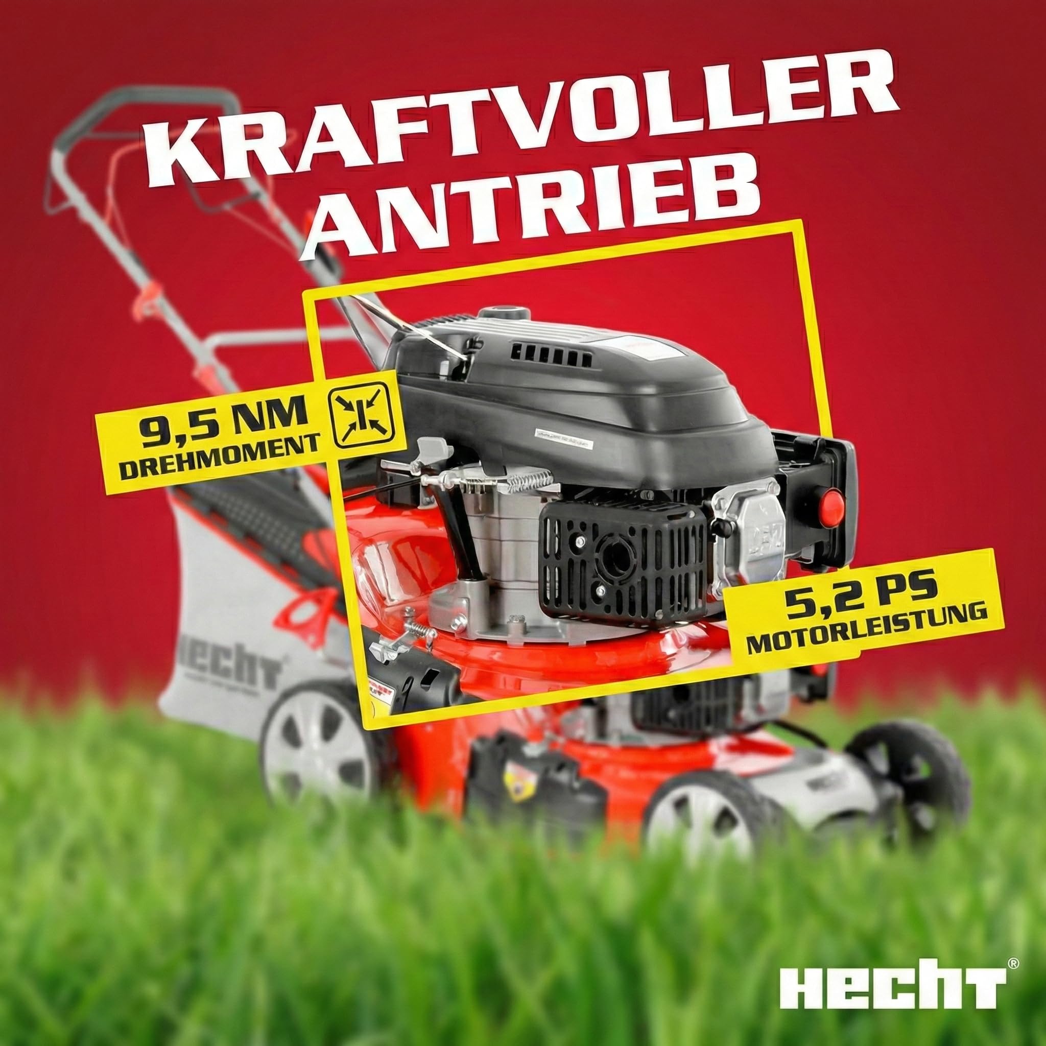 HECHT Benzin Rasenmäher 51 cm mit Antrieb 5,2 PS | 5-in-1 Mulchfunktion, Seitenauswurf, 70L Fangkorb, Benziner für Gärten bis 1500 m²