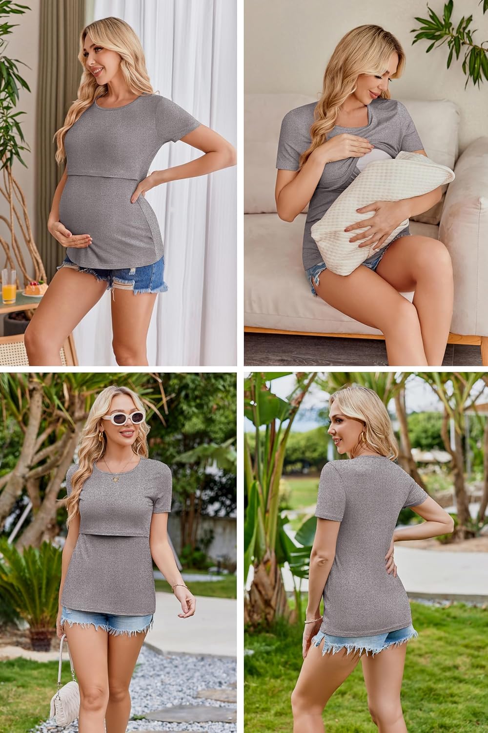 Ekouaer Womens Nursing Tops 3 Pack Double Layer Breastfeeding Shirts Short Sleeve Maternity Clothes S-XXL - Image 4