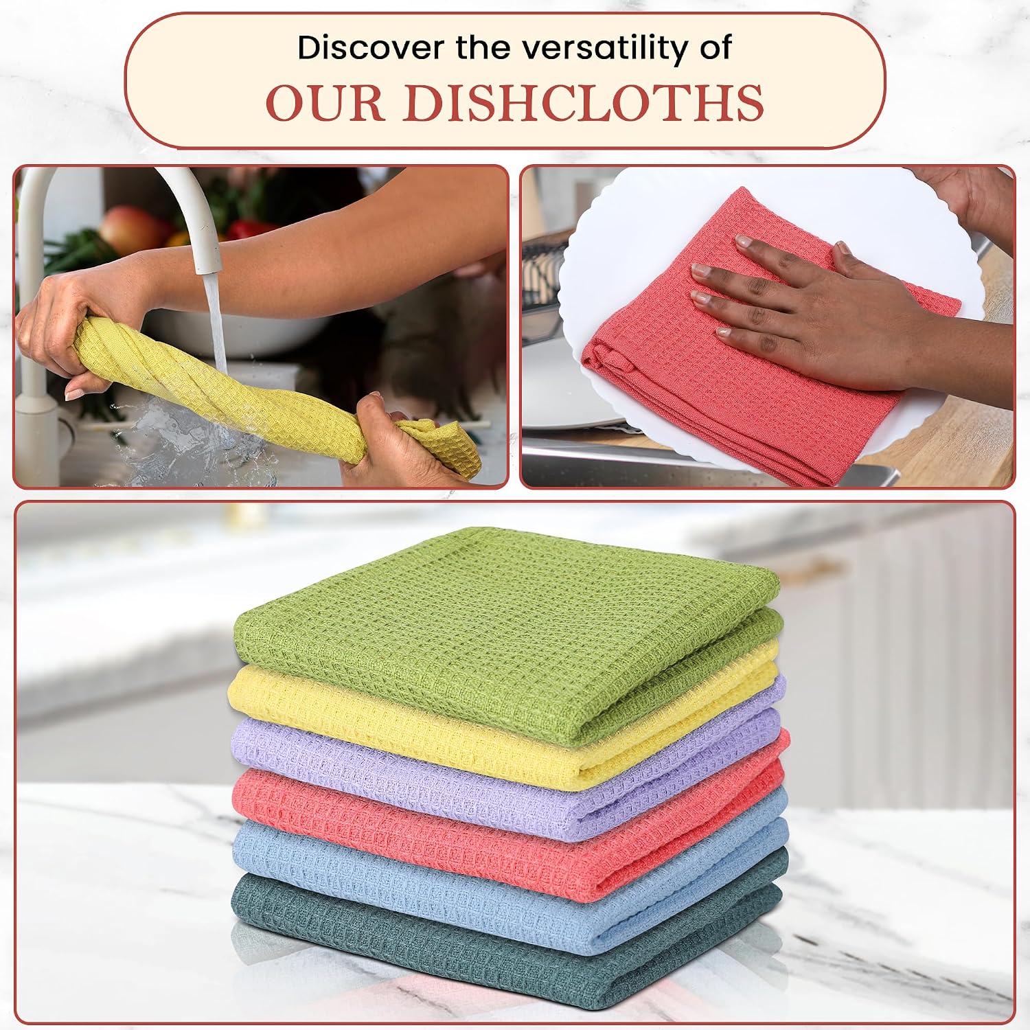Vintage Vista 100% Cotton Waffle Dish Cloths (Pack of 6) - Dish Rags for Washing Dishes - Reusable & Highly Absorbent Kitchen Towels - Kitchen Rags fo Easter - (12" x 12" - Multicolor I) image 5
