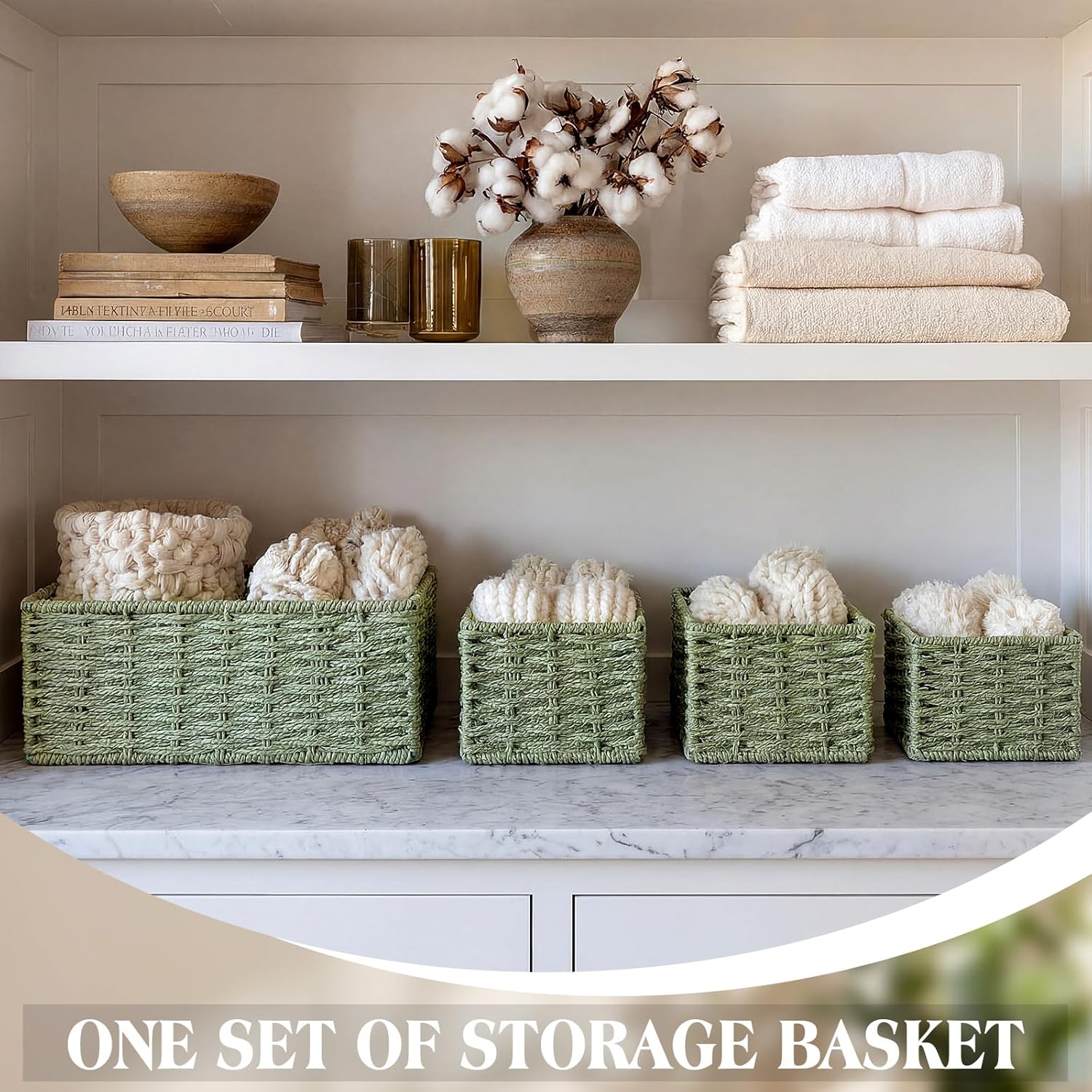 Sage Green Storage Baskets Set 4 Pack Rustic Paper Rope Woven Basket for Organizing Bin in 3 Size Decorative Storage Bin Box Basket for Bathroom Toilet Shelf Countertop Bedroom Living Room