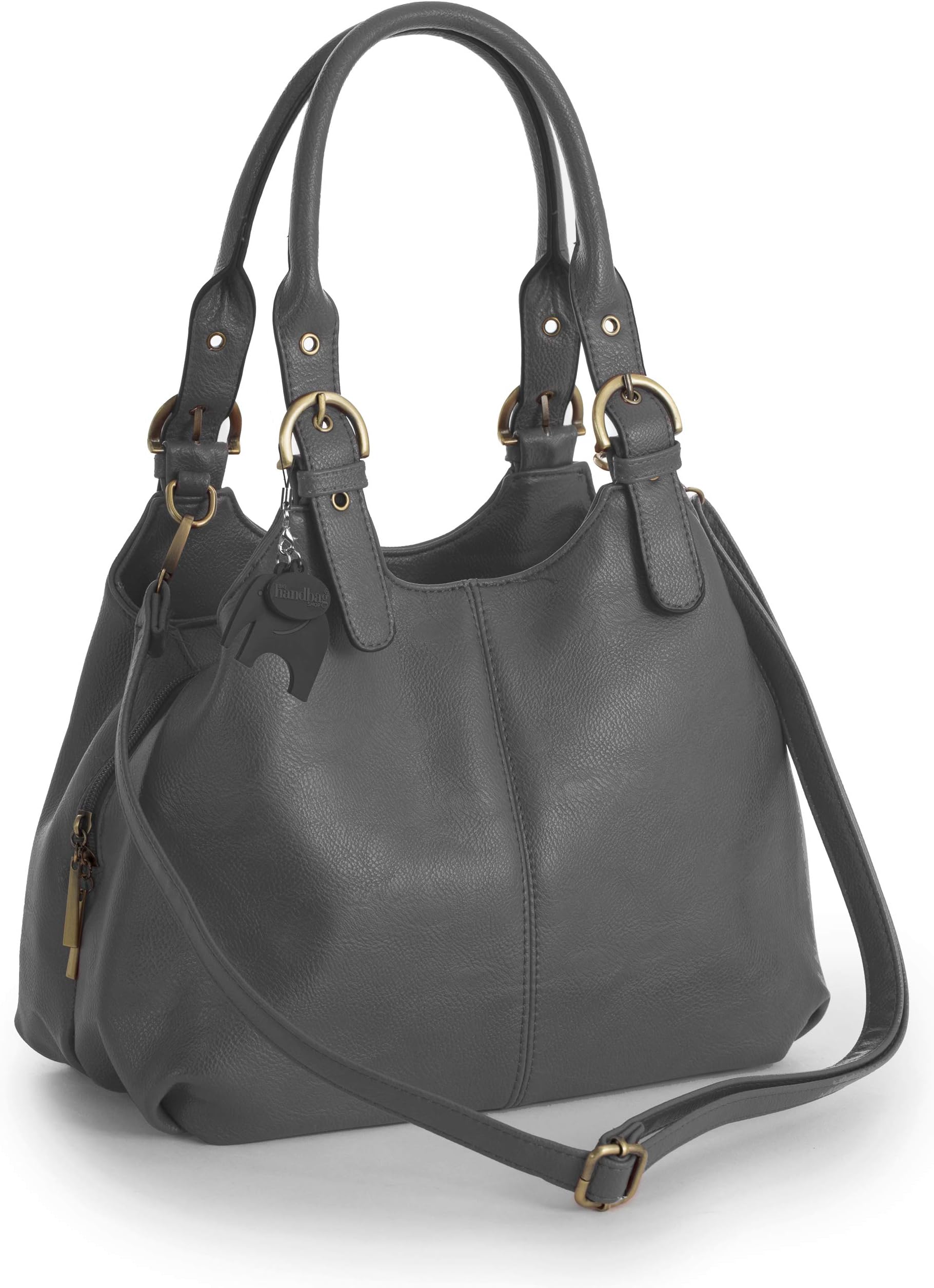 Big Handbag Shop Womens Multiple Pockets Medium Size Long Strap Shoulder Bag - with a Protective Storage Bag (Deep Grey - Black Piping)