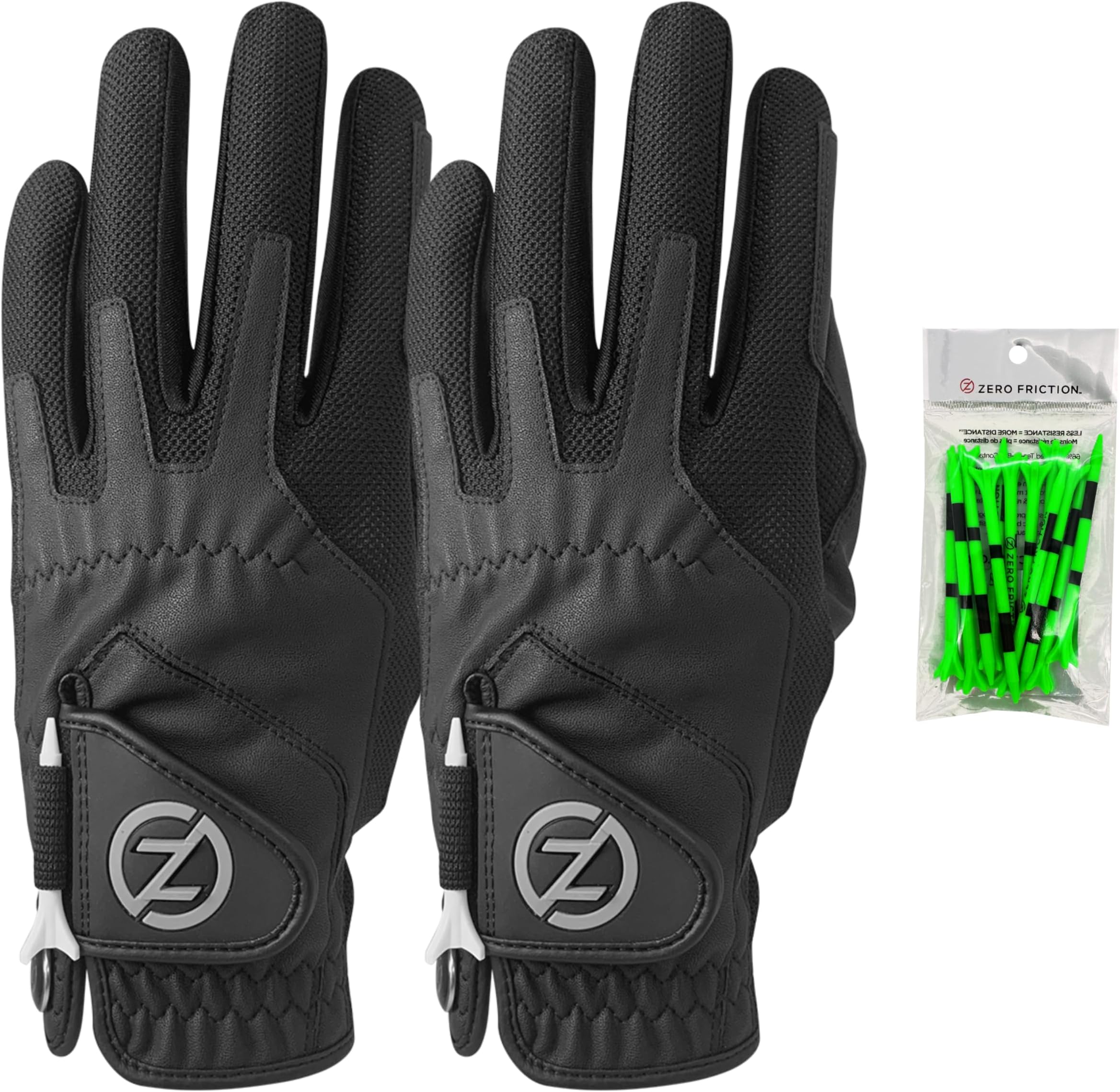 Zero Friction Men's Compression-Fit Synthetic Golf Glove, Universal Fit One Size (Pack of 2) with Pack of Golf Tees