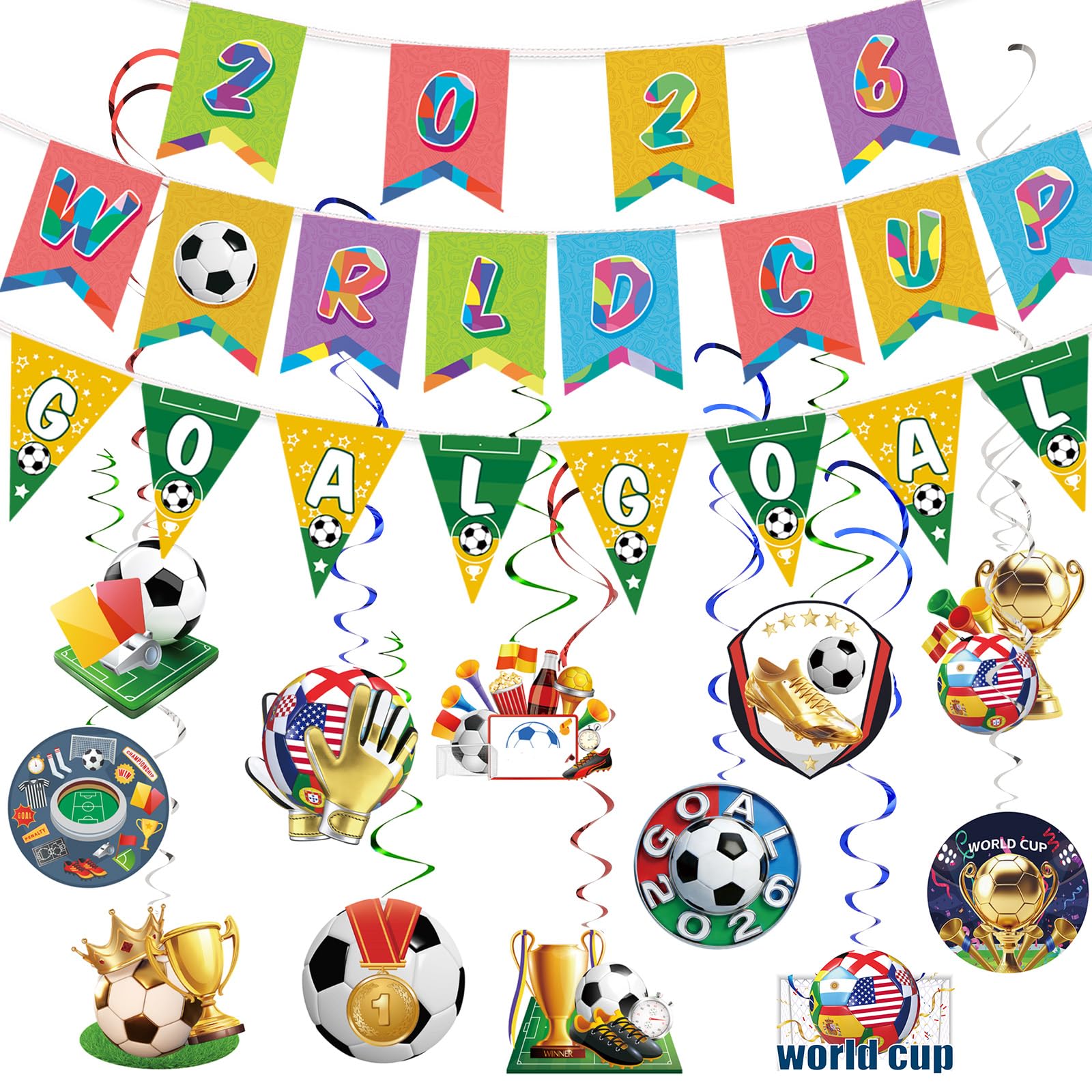 AhfuLife World Cup Football Bunting for Party Decorations 2026, 3pcs Reusable Flag Banner and 14pcs Hanging Swirls for World Cup Football Decorations 2026, Preassemble Banner for Home Bar Indoor