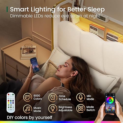 Miniatura 4 de LARMACE Base de cama tamaño Queen con luces LED y estación de carga, plataforma tapizada de terciopelo con cabecera de almacenamiento, no necesita