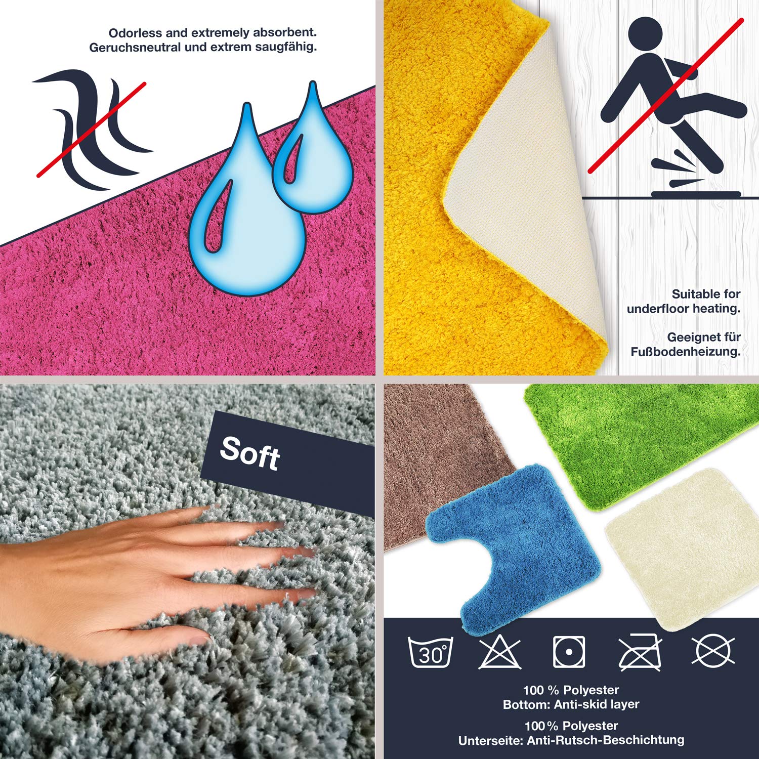 WohnDirect Alfombrilla de baño Conjunto - Alfombra baño Juego - Antideslizante - Lavable - Alfombra para el Cuarto de baño - Azul - 50 x 80 cm+ 60 x 100 cm + 45 x 45 cm con Recorte | Juego de alfombrillas de baño de pelo largo con cuello en U, con certifi
