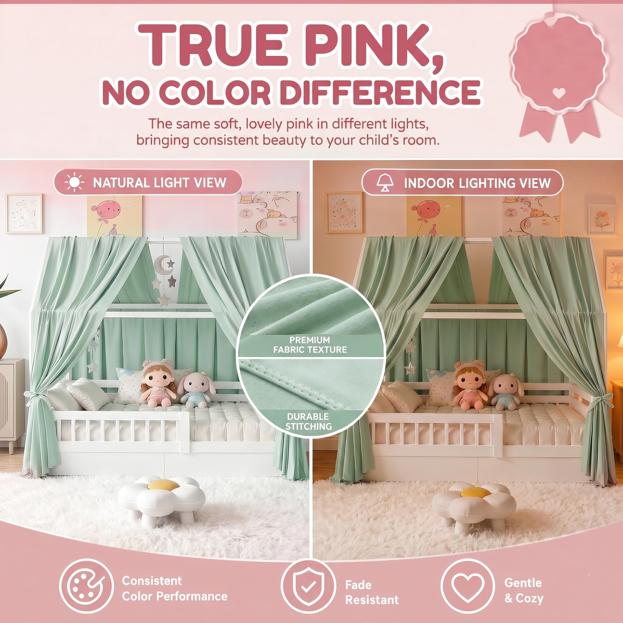 RANJIMA Hausbett Himmel,2 Stück Betthimmel Hausbett aus Musselin, Betthimmel Kinderbett Stoffhimmel für Hausbett Mädchen Jungen Baldachin Kinderzimmer Deko Vorhang Set für Kinderbett 67 x 270 cm Grün