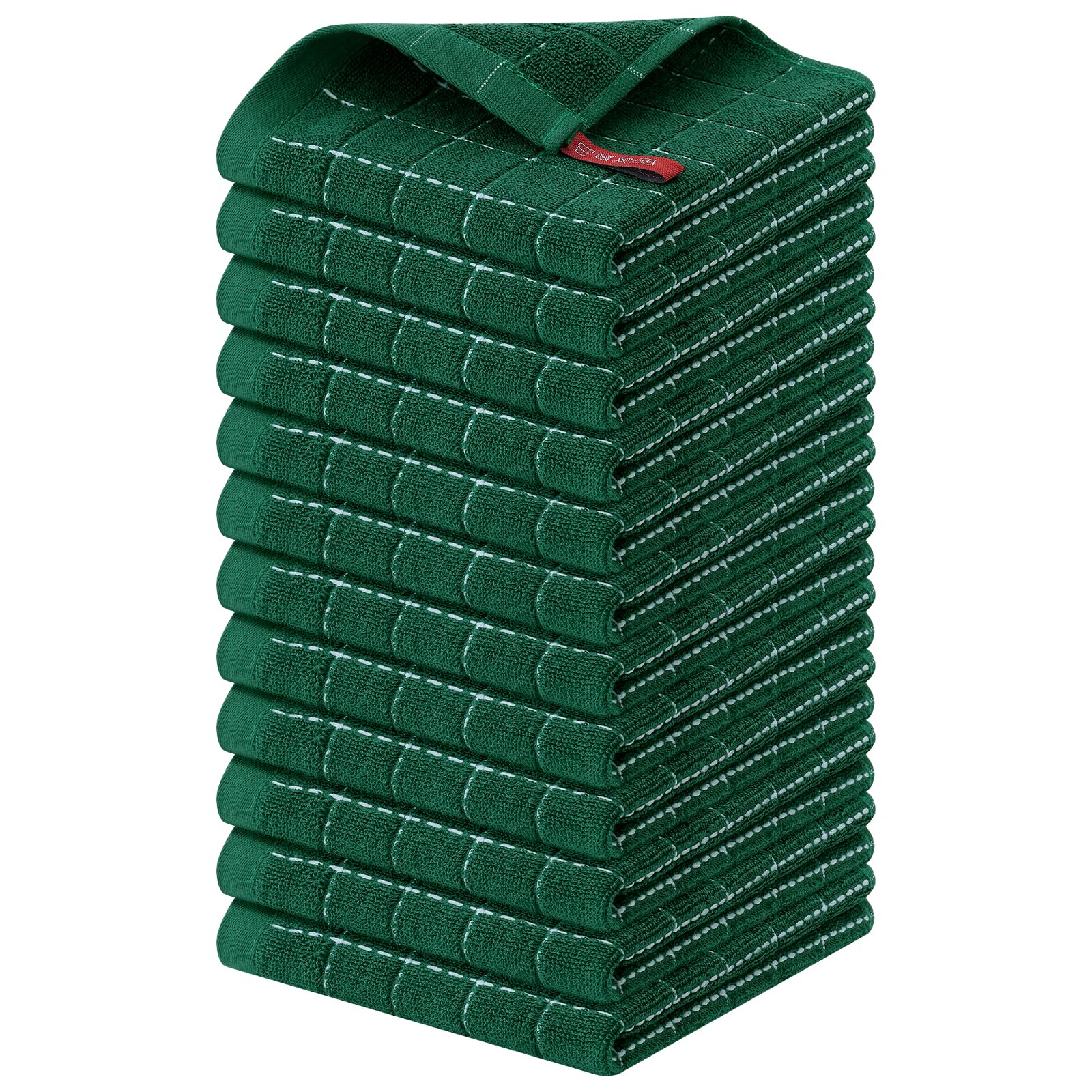 Homaxy 100% Cotton Terry Kitchen Dish Cloths, 12 Pack, Dark Green | Ultra Soft and Absorbent, Suitable for Drying and Washing Dishes