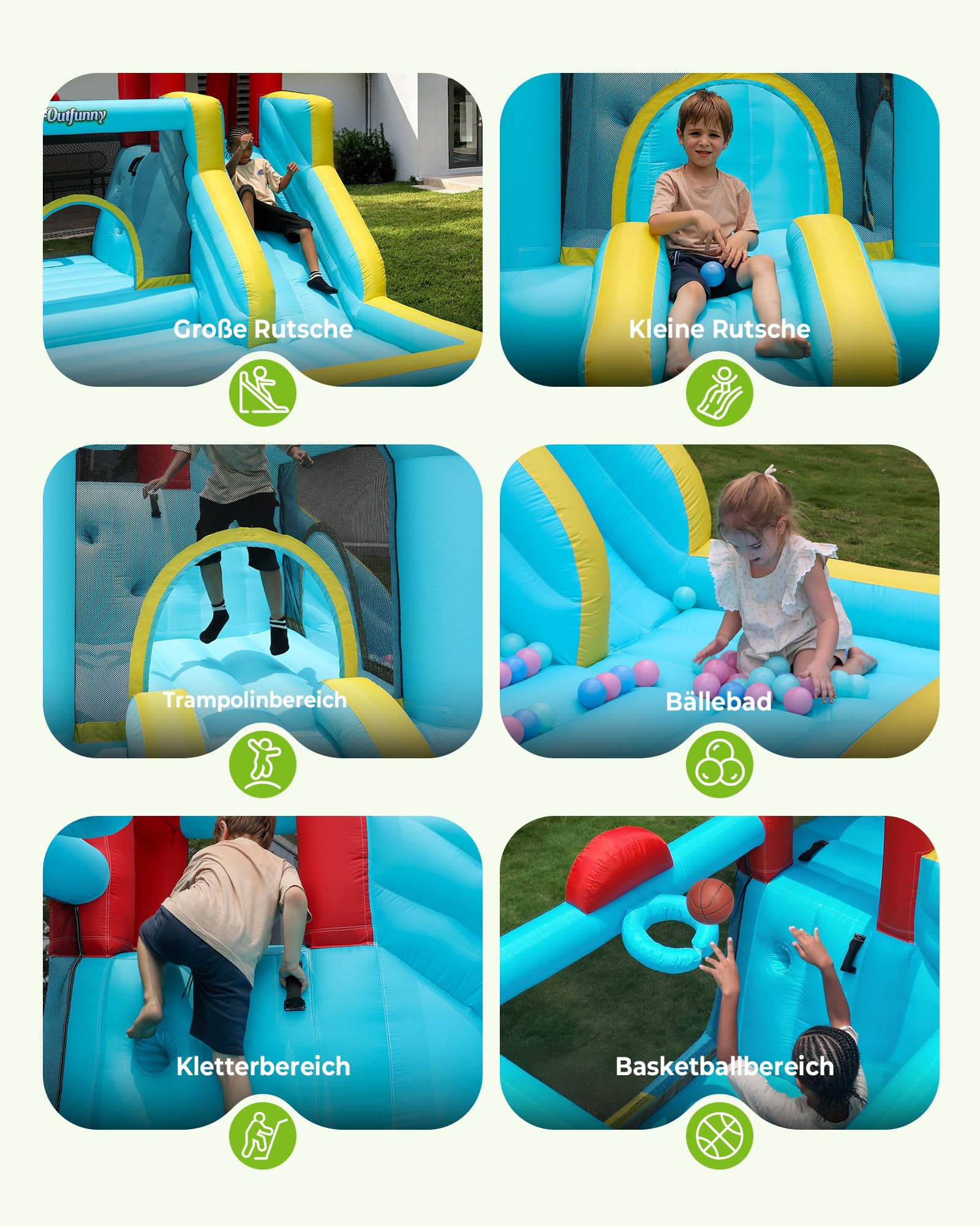 Outfunny Hüpfburg groß für Kinder, Aufblasbare Hüpfburg Indoor & Outdoor mit Gebläse 450W, Rutsche - Blau