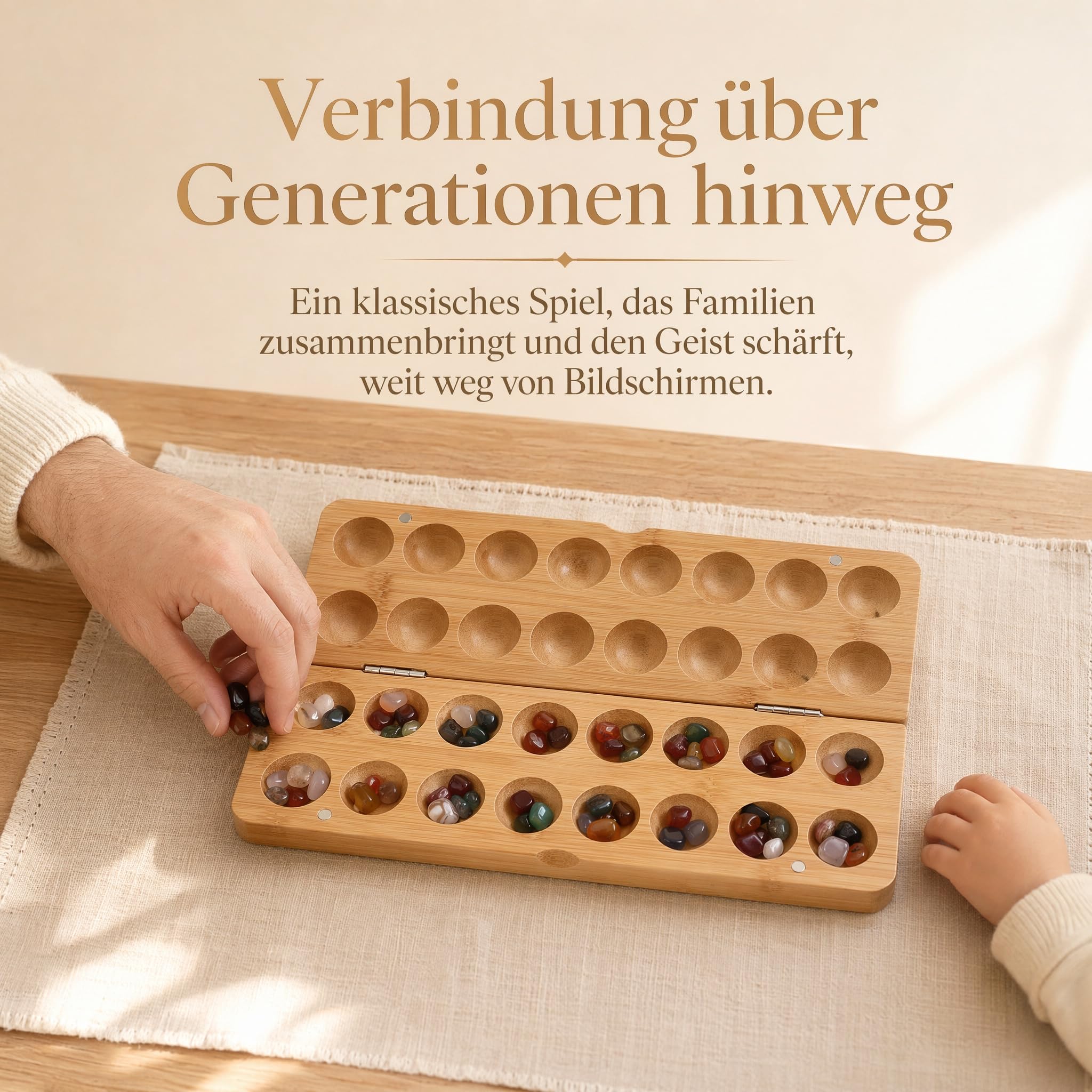 POPETPOP Mancala Steinchenspiel Holz mit Steinen, Kalaha Spiel | Faltbares Bambusbrett, 65 bunte , Logikspiel für 2 Spieler, ideal für Reisen, fördert strategisches Denken