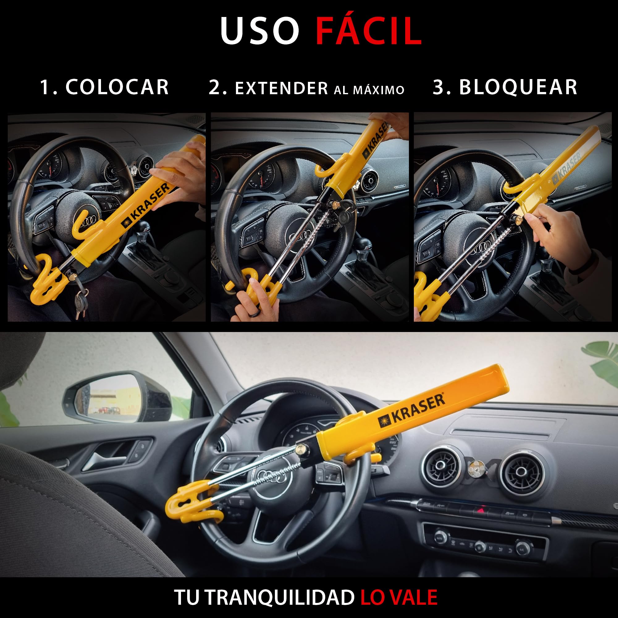 KRASER KR842Y Antirrobo Coche, Alta Seguridad, Bloqueo Volante de Doble Barra, Más Robusto y Disuasorio, Doble Gancho con Protección Antiarañazos, Cepo Coche Universal SUV Furgoneta Autocaravana
