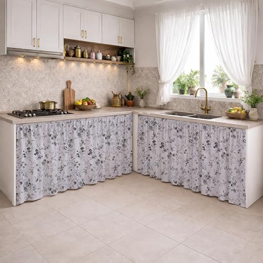LINENWALAS Under Sink Curtain for Kitchen - Pack of 2 | 150x70 cm Cotton Under-Sink Cover | Washable Storage-Hiding Curtai...