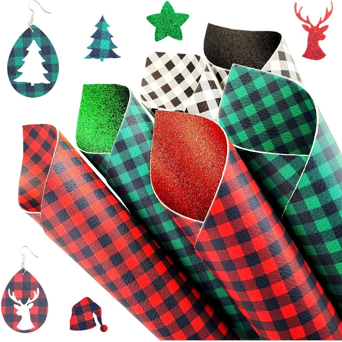 AOUXSEEM 6 Pcs Christmas Double Sided Faux Leather Sheets for Earrings Jewelry Making, A5 Size Printed Superfine Glitter Thick Synthetic Fabric Bundle for DIY Crafts(8.2 x 5.9 inch) (Buffalo Plaid)