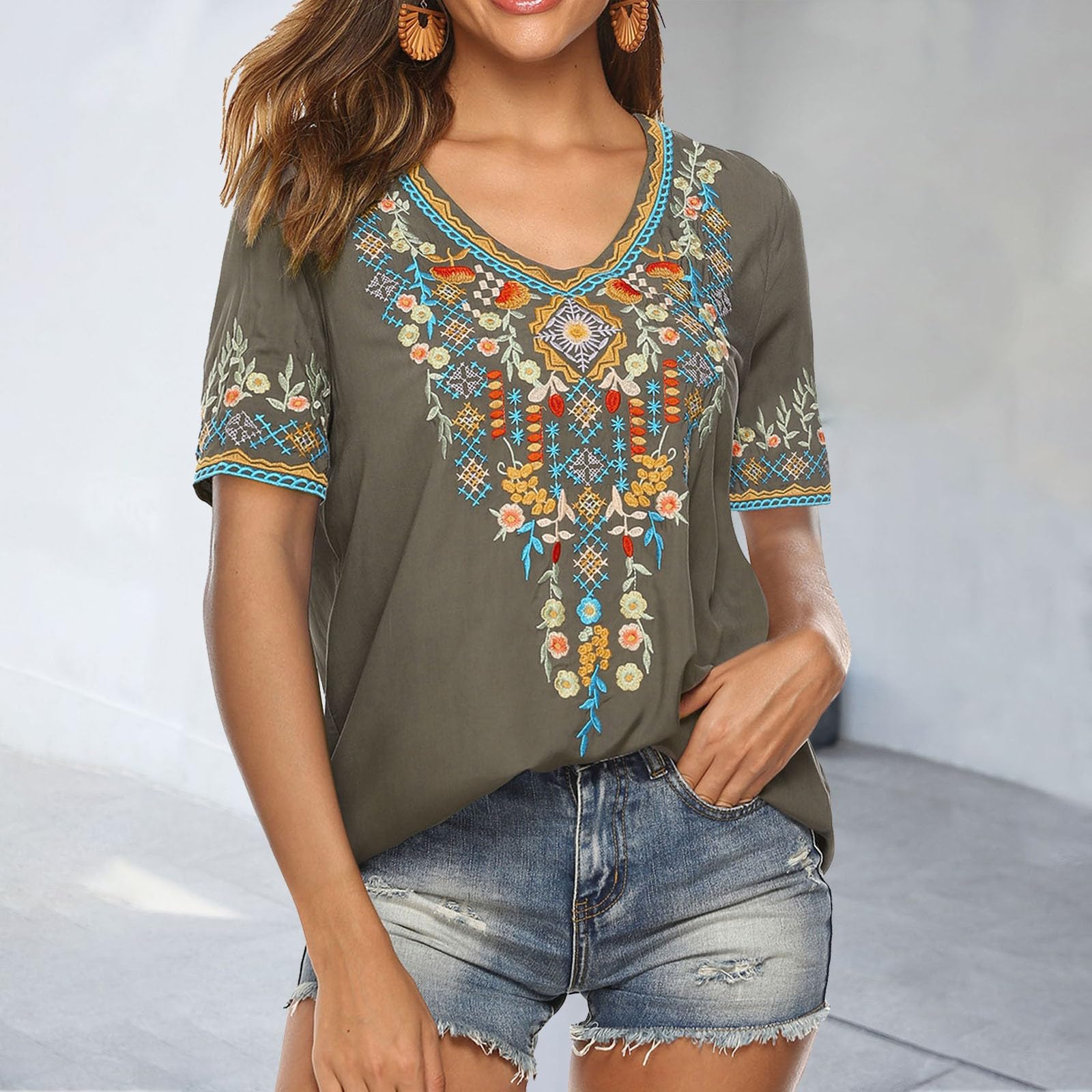 Tops Mujer Blusa Boho para Mujer con Detalles Bordados Manga Corta Holgada y Confortable para el Verano