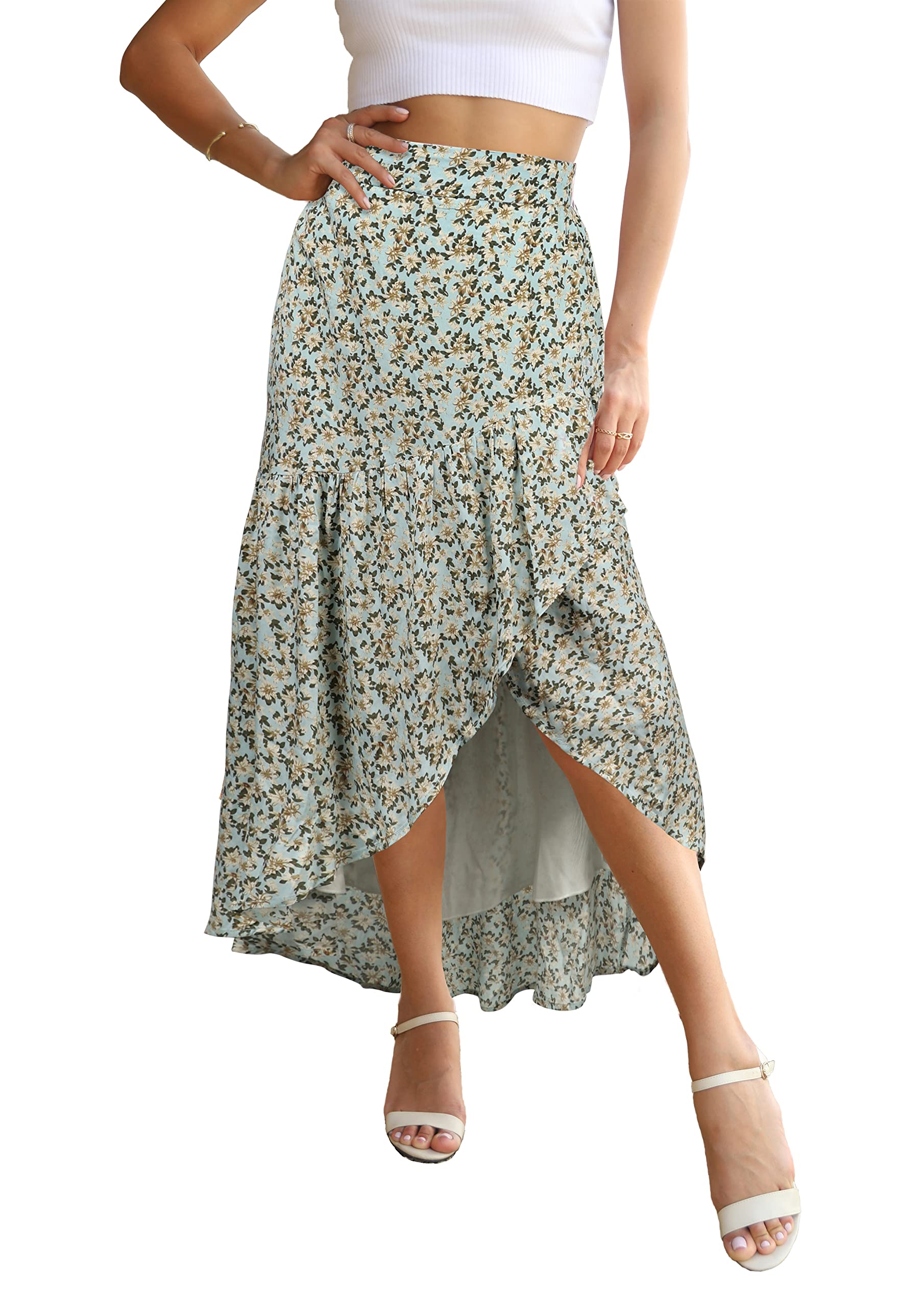PRETTYGARDEN Womens Boho Floral Print Summer Dress Maxi Skirt High Low Ruffle Slit Casual High Waist Wrap Midi Pleated Skirts
