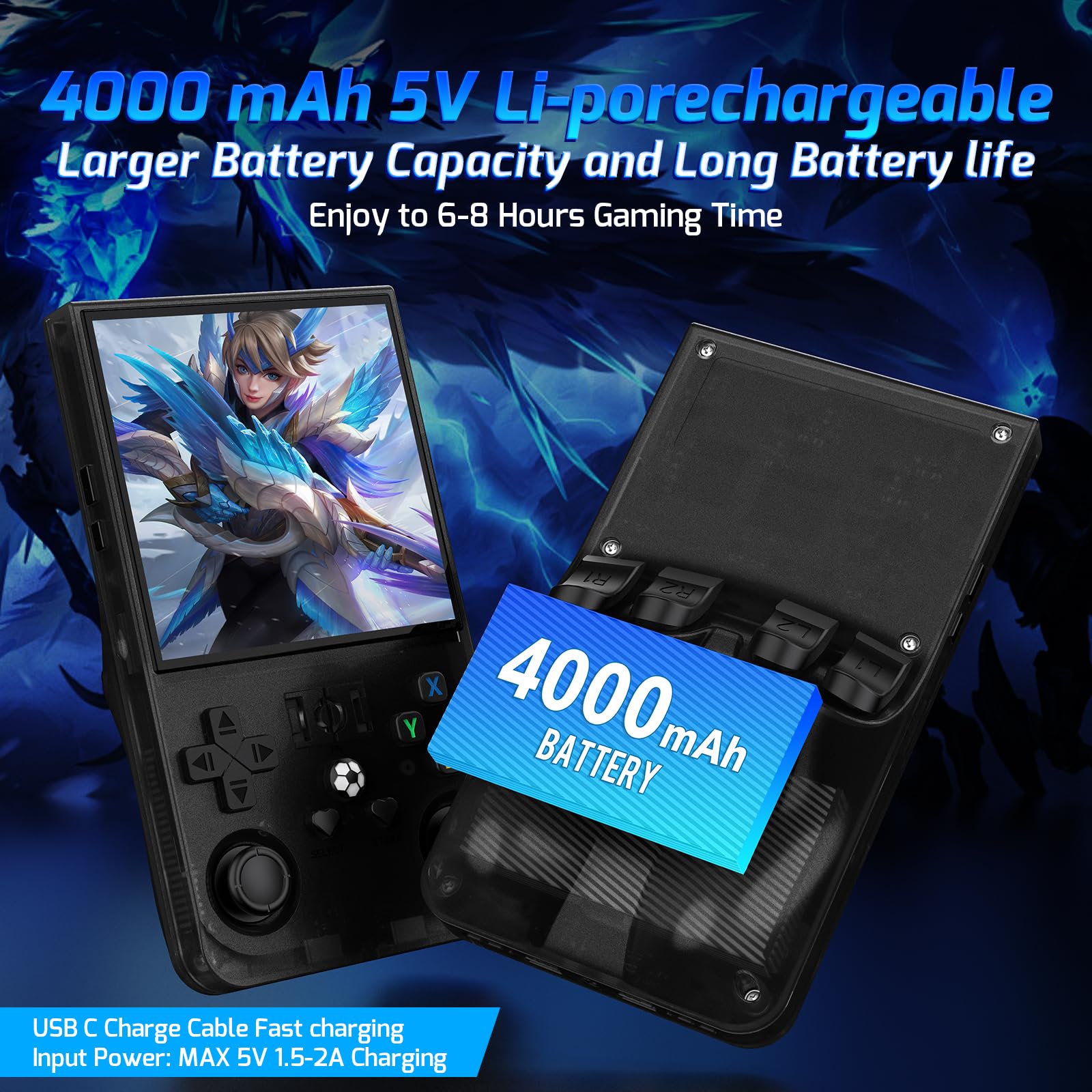 Console di gioco portatile retrò, console per videogiochi con schermo 4K HD IPS da 4 pollici, sistema Linux open source, batteria da 4000 mAh, 64 GB, blu