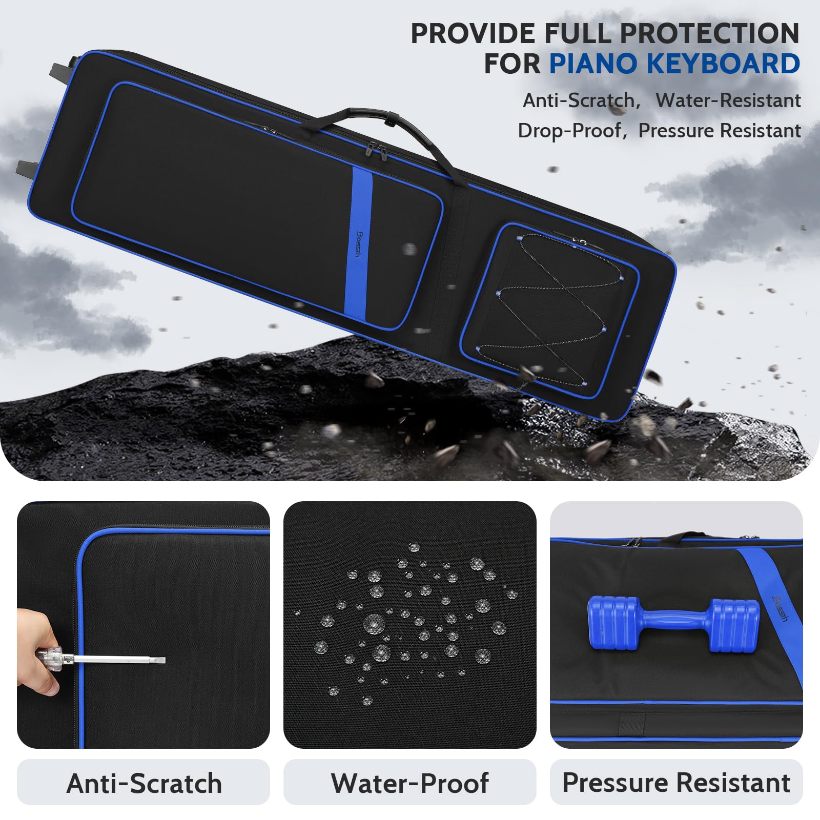 BOSSTIN 88-Tasten-Keyboard-Tasche mit Rollen, Innenmaße: 135,9 x 38,1 x 17,8 cm, wasserdicht, gepolstert, Rolling Gigbag, Keyboard, Klaviertasche für 88 Tasten Klaviertastatur (blau)