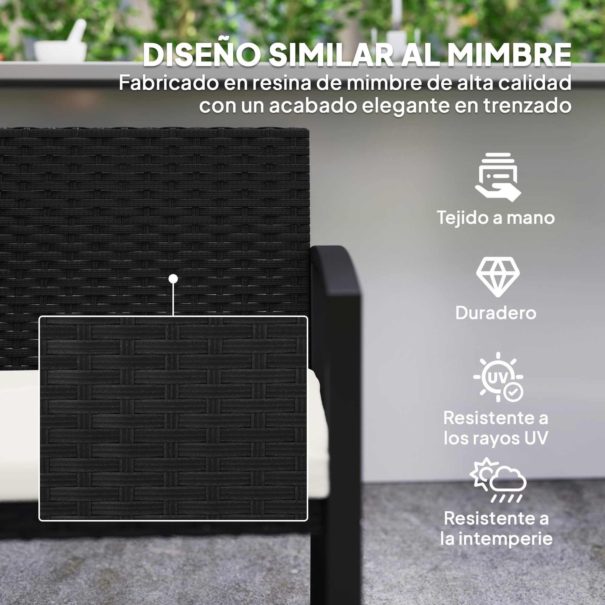 Outsunny Banco de Jardín de Ratán Sintético de 2 Plazas Banco de Exterior con Cojín y Reposabrazos Carga 240 kg para Terraza Patio 103x58x78 cm Negro y Beige