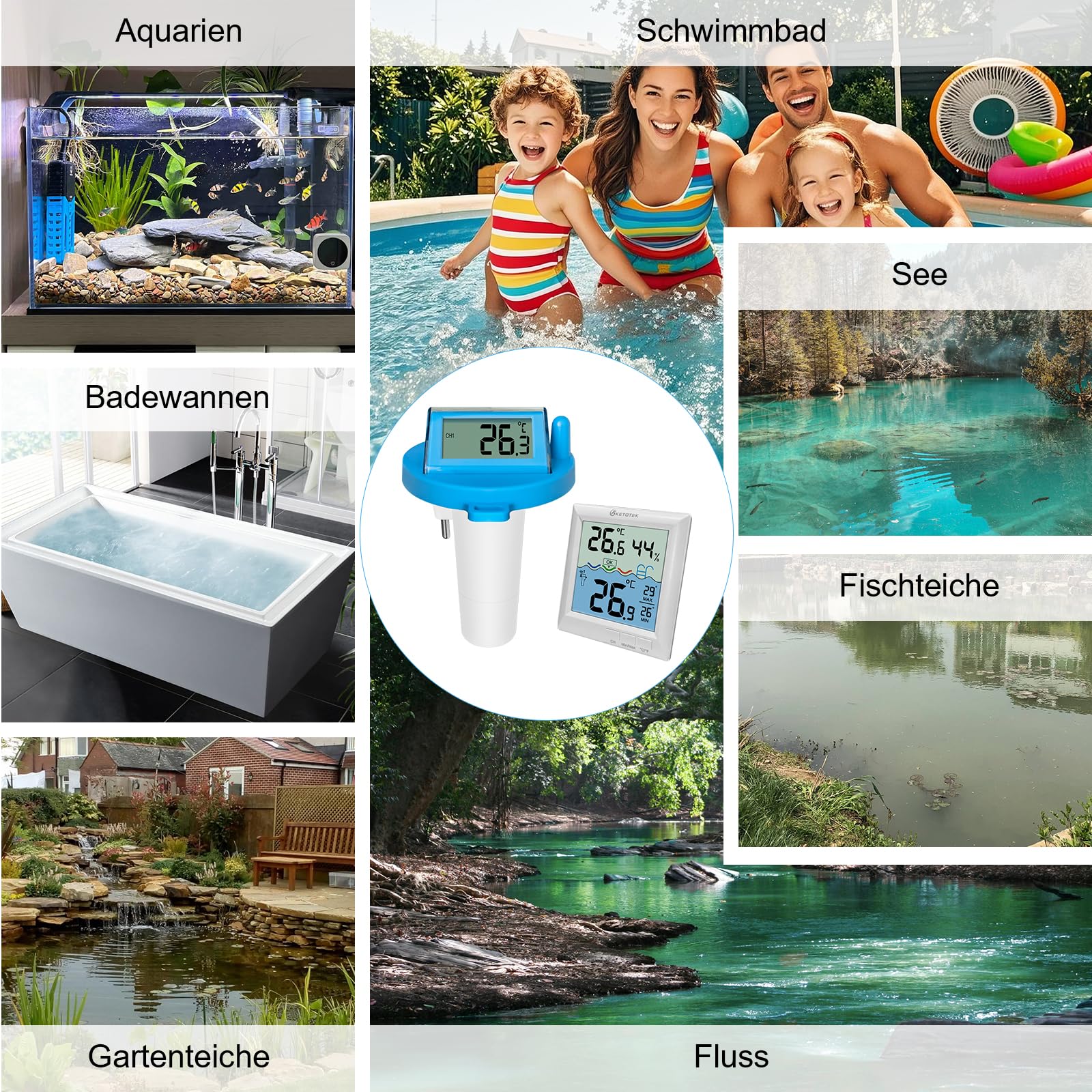 KETOTEK Poolthermometer Funk Schwimmendes Digitaler Wassertemperaturmesser für Schwimmbad, 60m Reichweite, IPX8 wasserdicht Präzises Thermometer für Badewanne, Teich, Aquarium