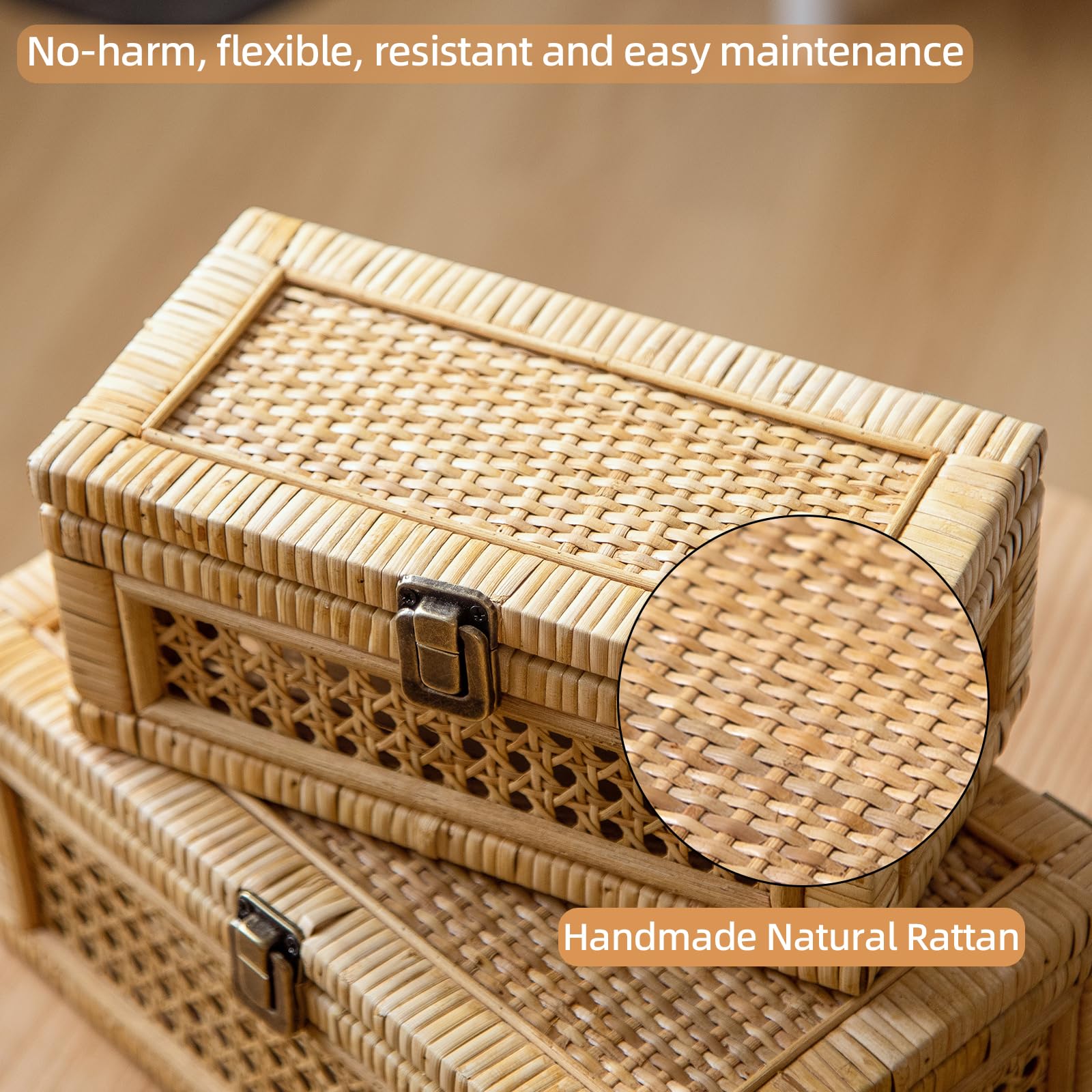 Set Di 3 Scatole Decorative In Rattan Con Coperchio In Vetro: Organizer Bohémien Rettangolare, Cestini Intrecciati Per La Casa, Ideali Per Collezione E Regali