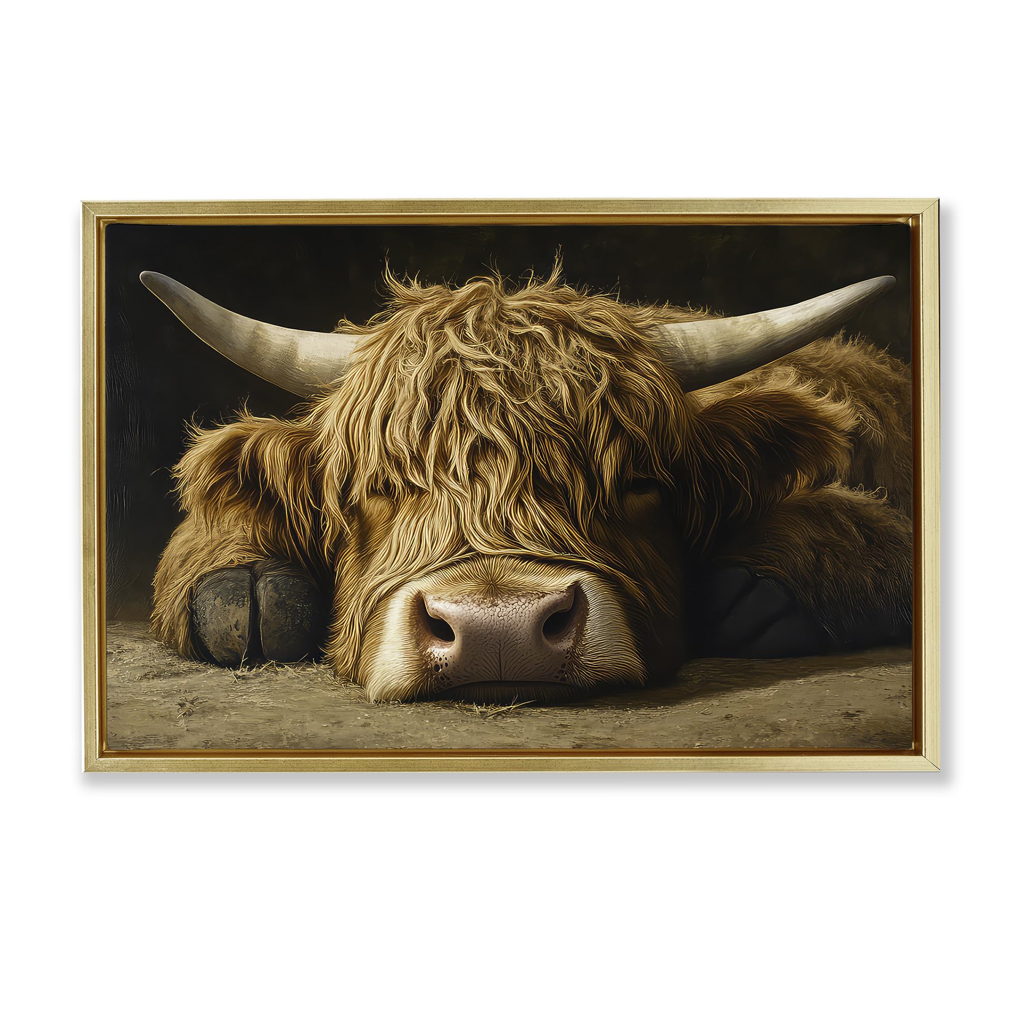 Stupell Industries 'Sleeping Highland Cow & Hoof', Floating Frame Canvas Art, Gold, 31 x 21 Inches, Easy to Hang and Sturdy, Made in USA, by The Wands Want