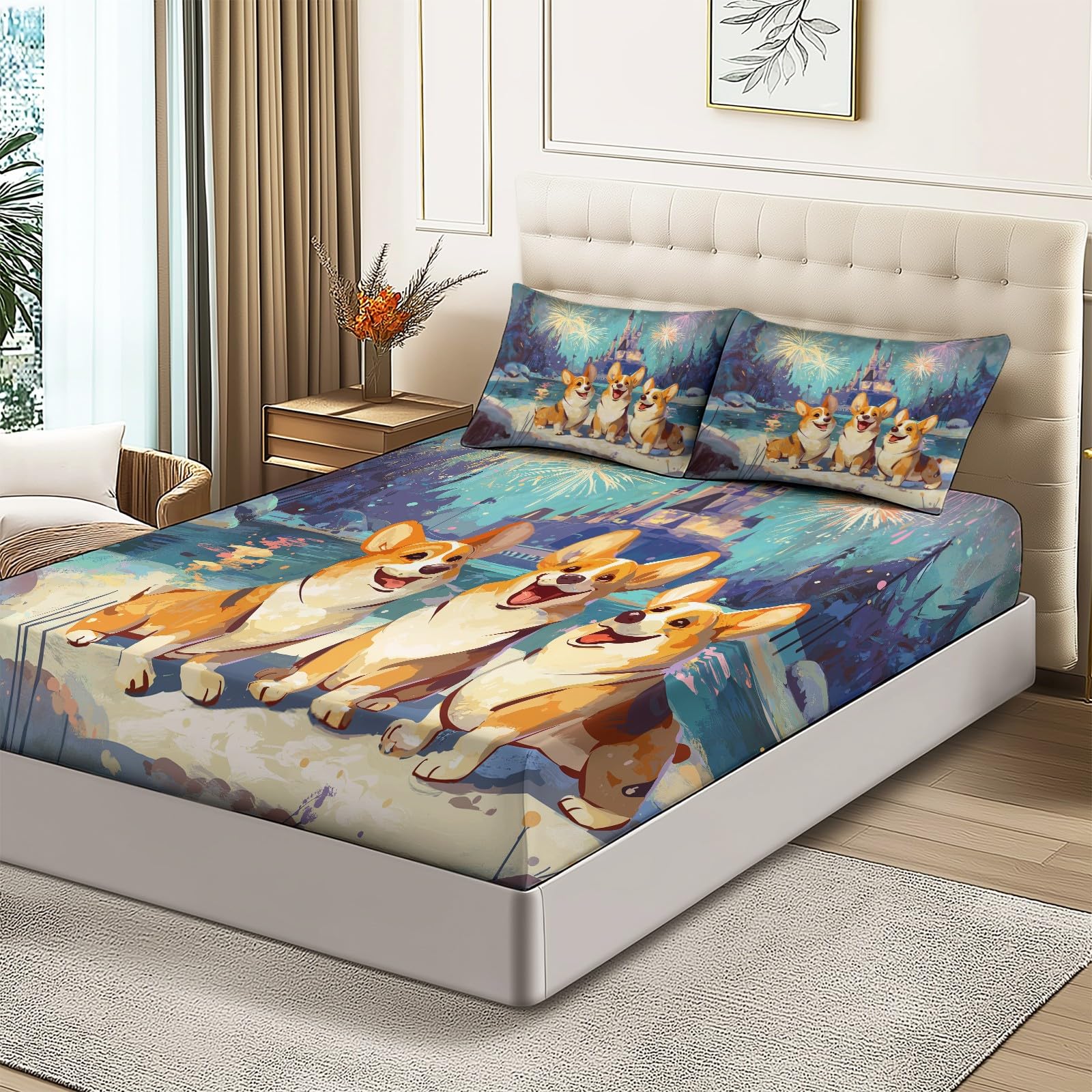 Niebieskie prześcieradło z gumką z mikrofibry, motyw Cartoon Corgi Burg, fajerwerki, z nadrukiem, ochraniacz na materac, wysokość boku do 30 cm (160 x 200 cm, 2 poszewki na poduszki)