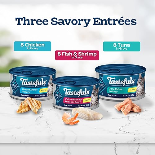 Miniatura 4 de Blue Buffalo Tastefuls - Paquete variado de alimentos húmedos naturales para gatos, atún, pollo y pescado y camarones en salsa, latas de 3 onzas (24