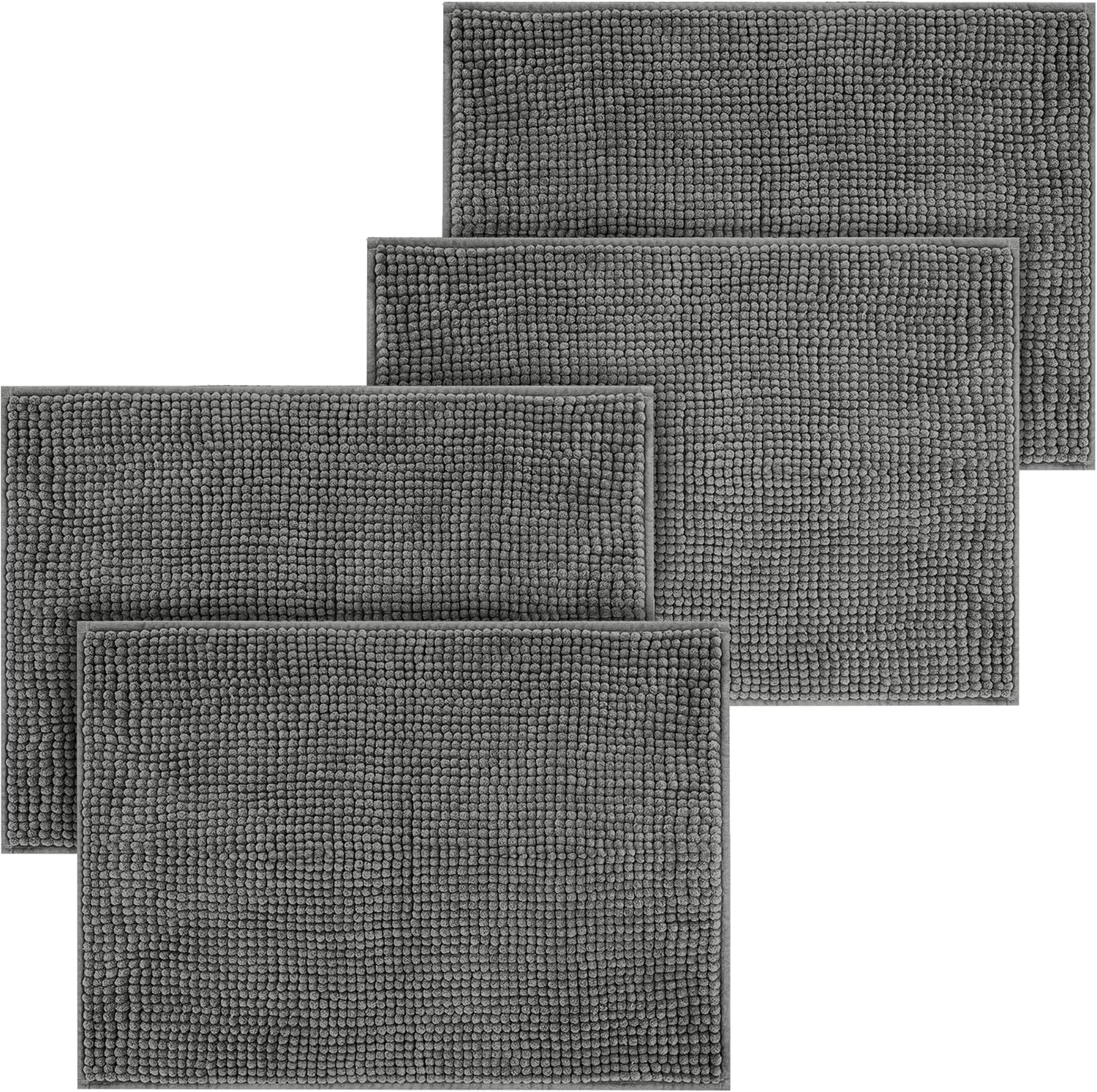Aspire Homeware Bath Mat Non Slip Anti Mould – Grey (4 Pack) 40x60 cm Chenille Bathroom Mat