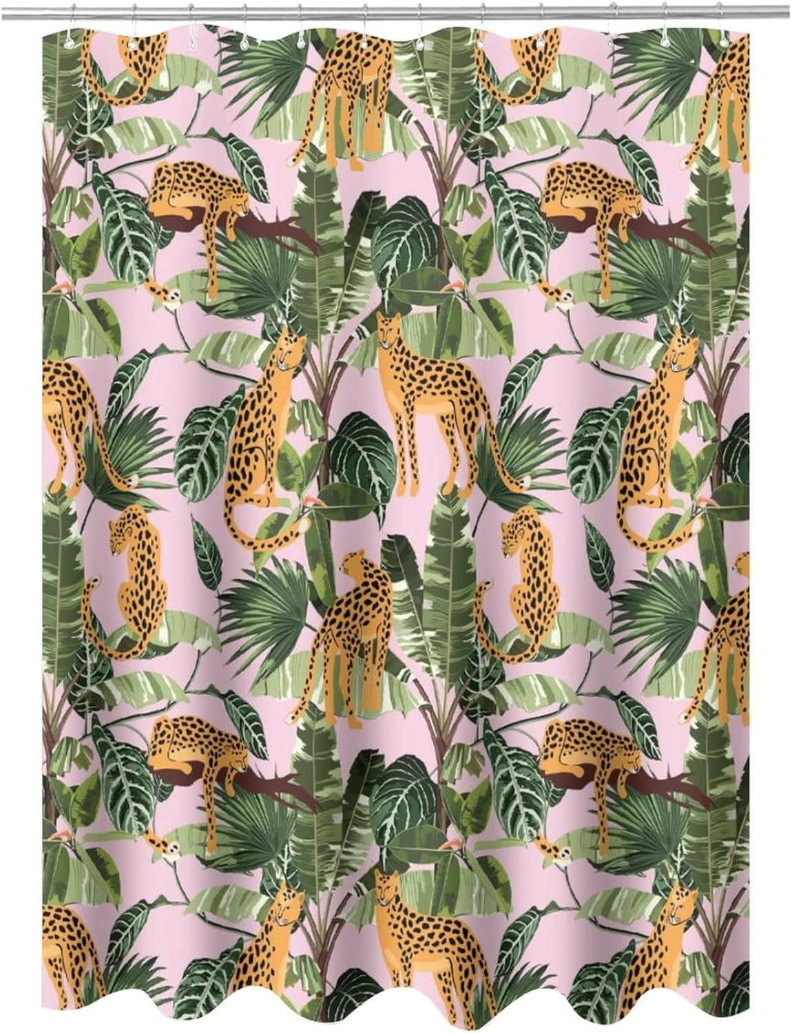 Leopard Palm Leaves Shower Curtain,Abstract Boho Wildlife Tropical Jungle Green Leaf Big Cat Decor Bathroom Curtain 84L x72W Washable Cloth Fabric Bathroom Decor Set with Hooks
